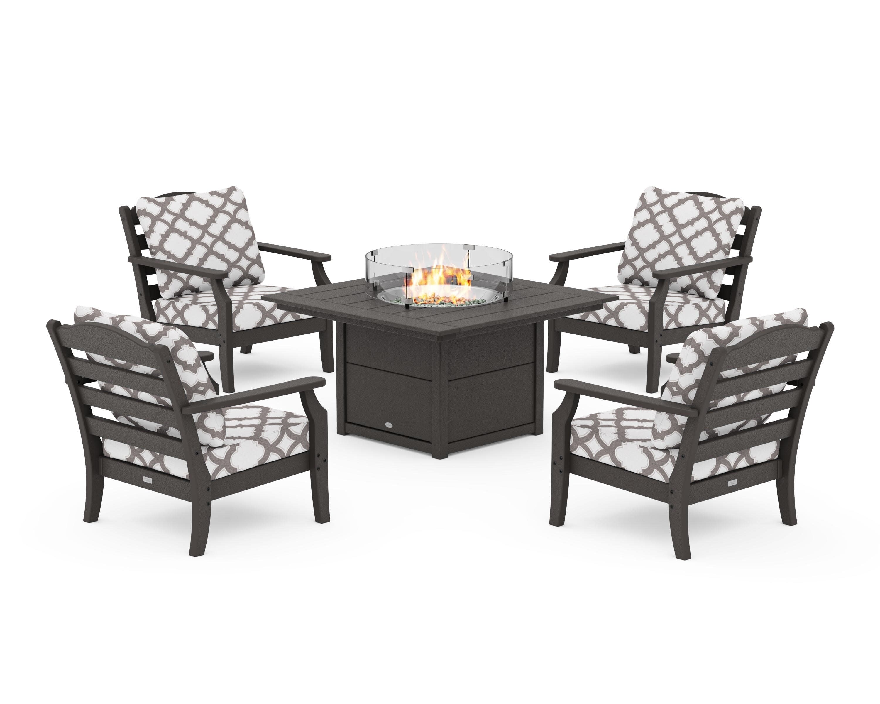 Savannah 5-Piece Deep Seating Set with Fire Pit Table in Vintage Coffee / Trellis Grey Mist