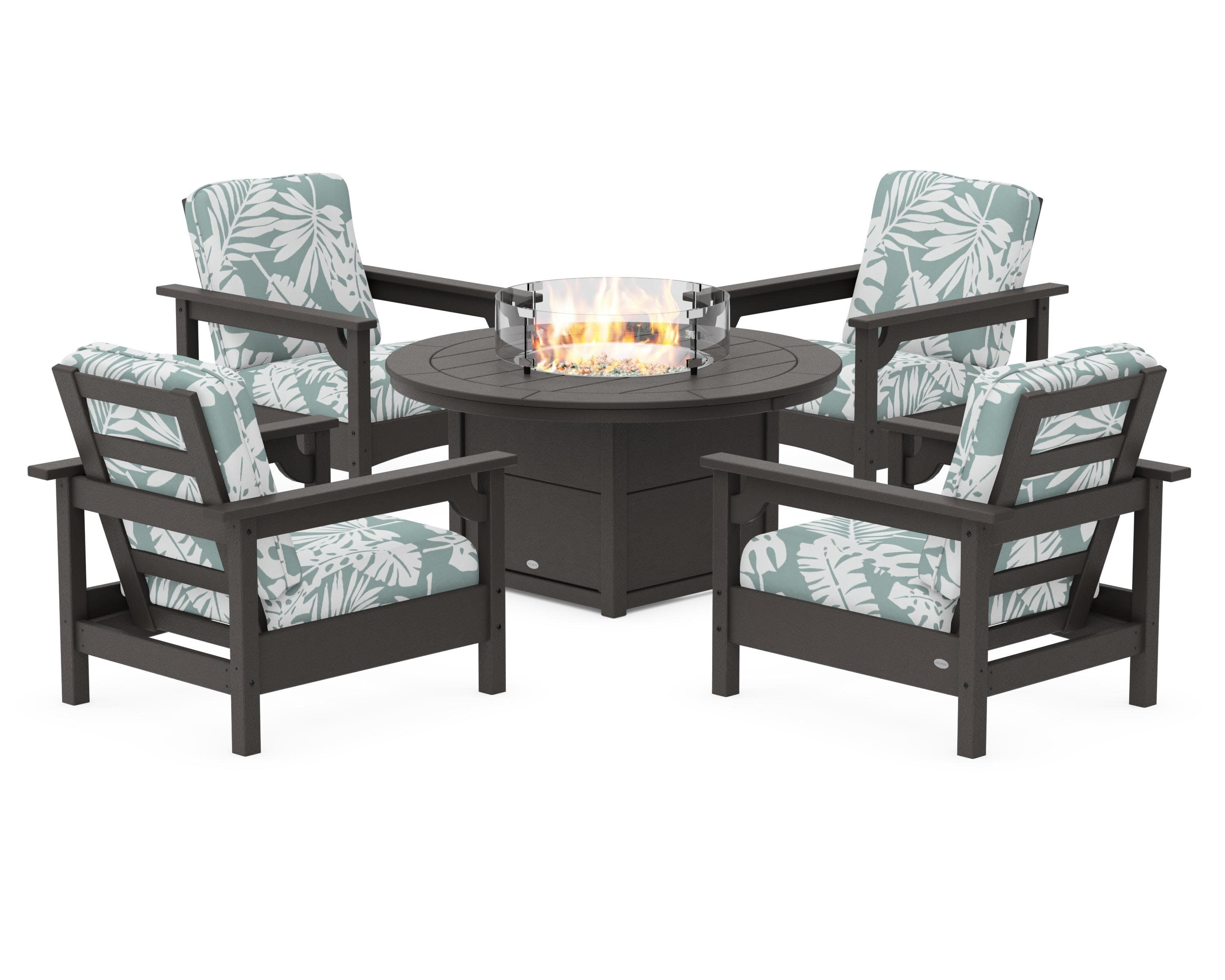 Club 5-Piece Conversation Set with Fire Pit Table in Vintage Coffee / Leaf Glacier Spa