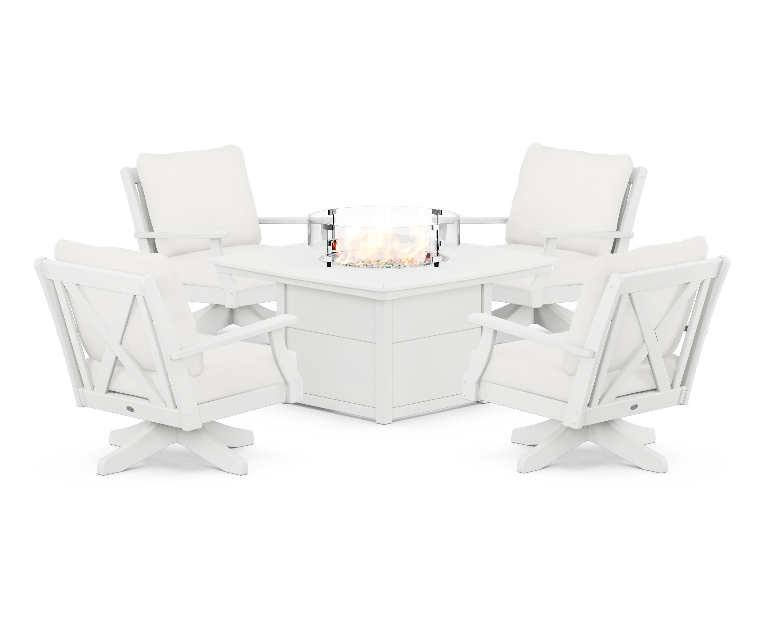 Braxton 5-Piece Deep Seating Swivel Conversation Set with Fire Pit Table in White / Natural Linen