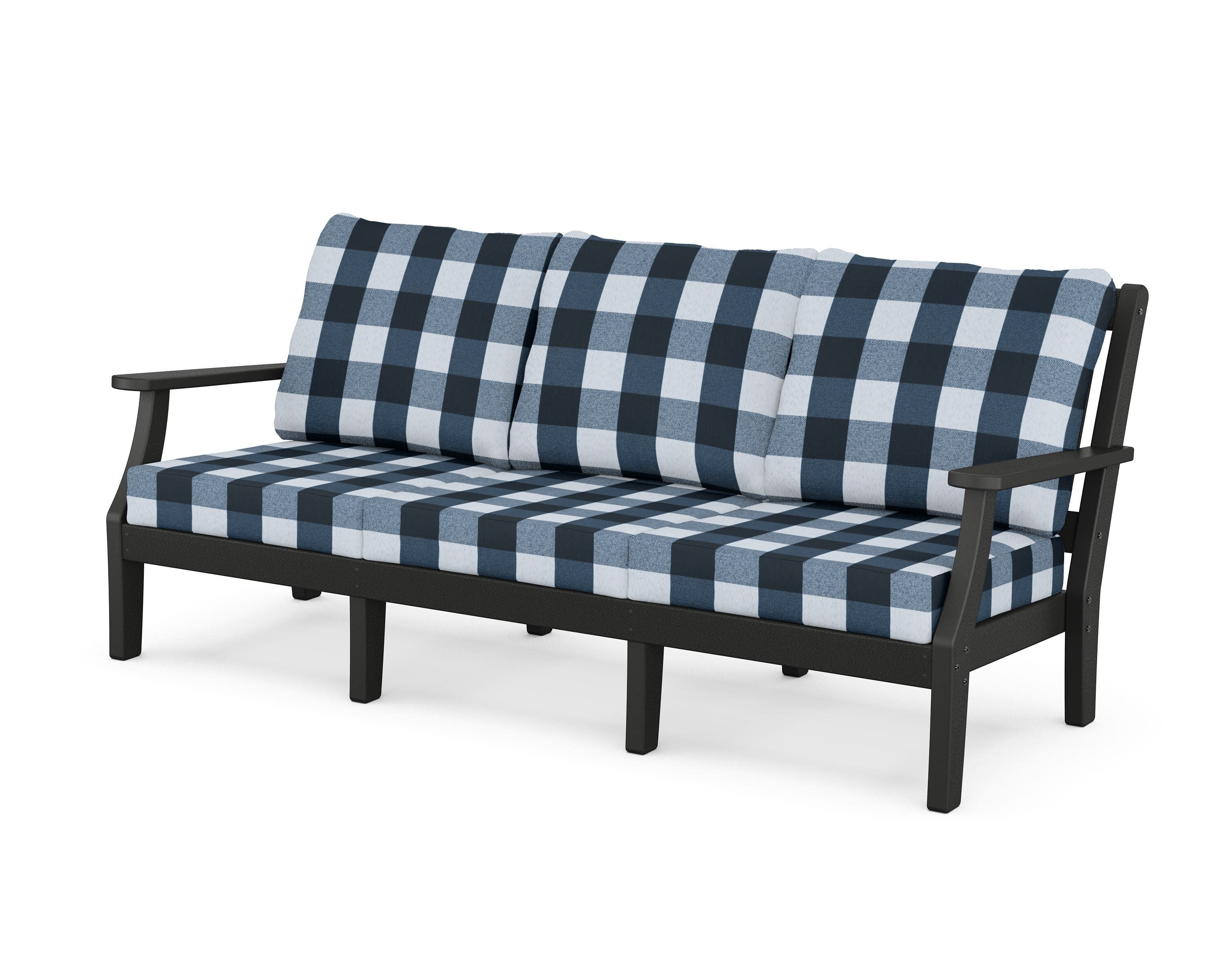 Chinoiserie Deep Seating Sofa in Black / Buffalo Plaid Marine Indigo