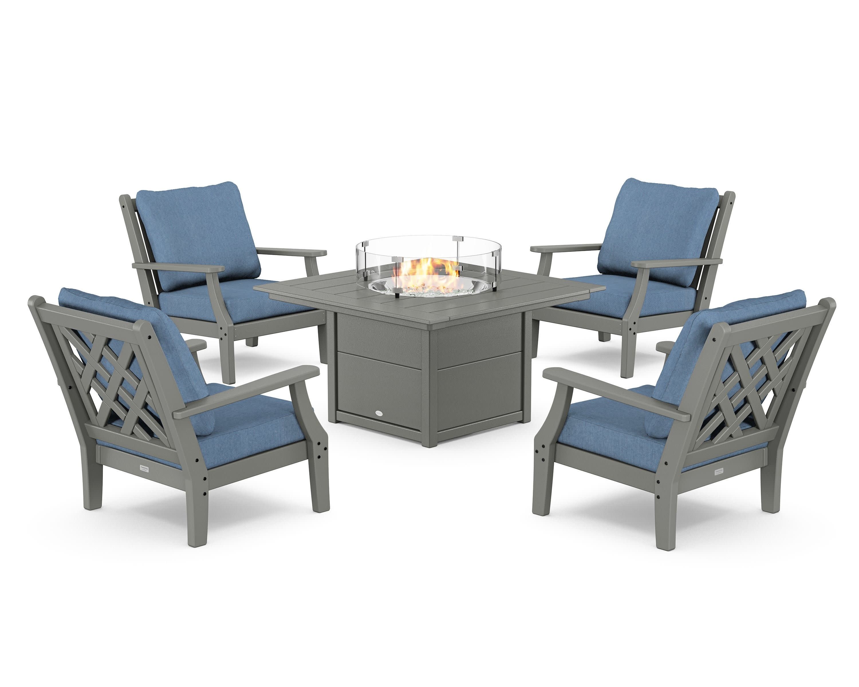 Wovendale 5-Piece Deep Seating Set with Fire Pit Table in Slate Grey / Sky Blue