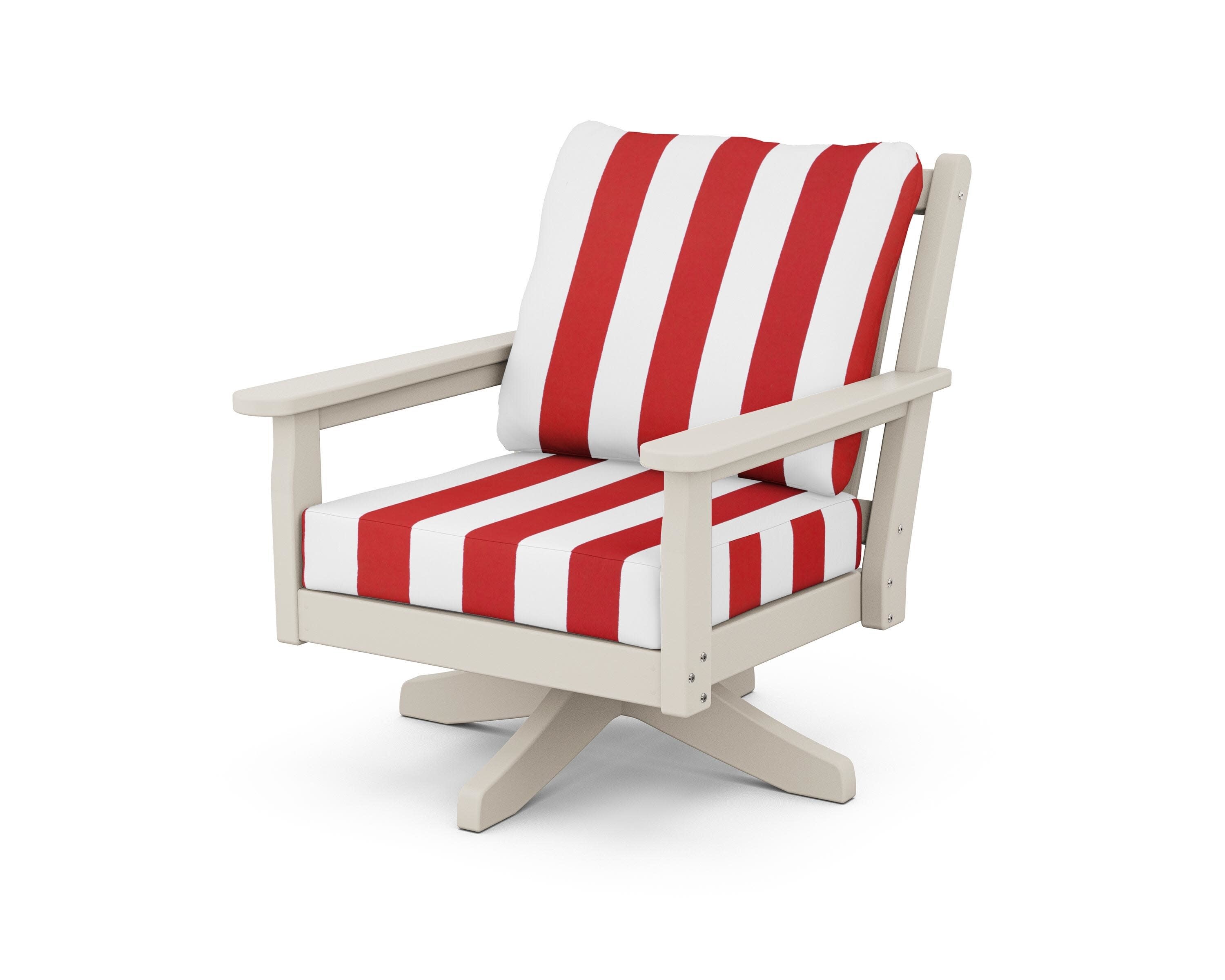 Chippendale Deep Seating Swivel Chair in Sand / Cabana Stripe Crimson