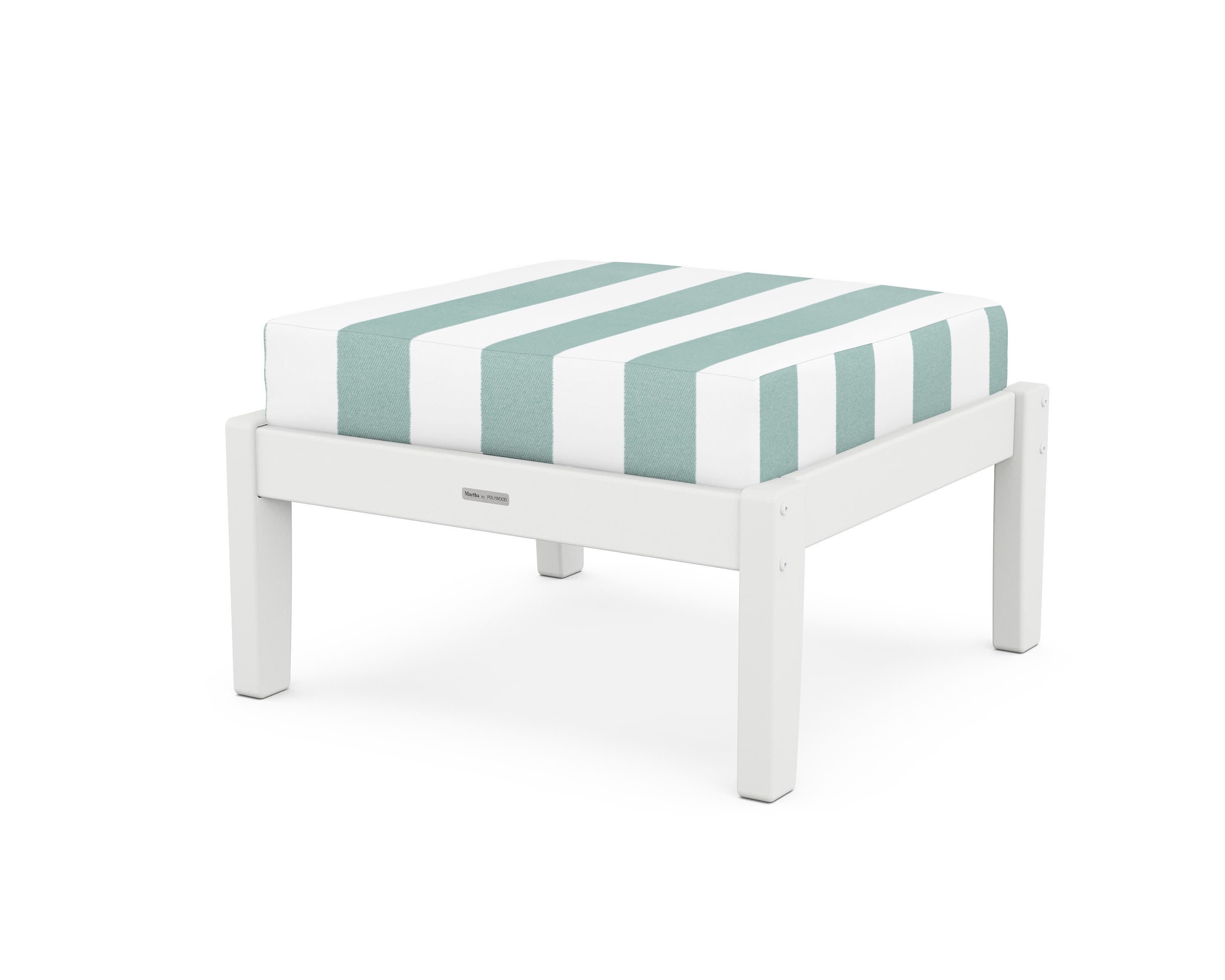 Chinoiserie Deep Seating Ottoman in White / Cabana Stripe Glacier Spa