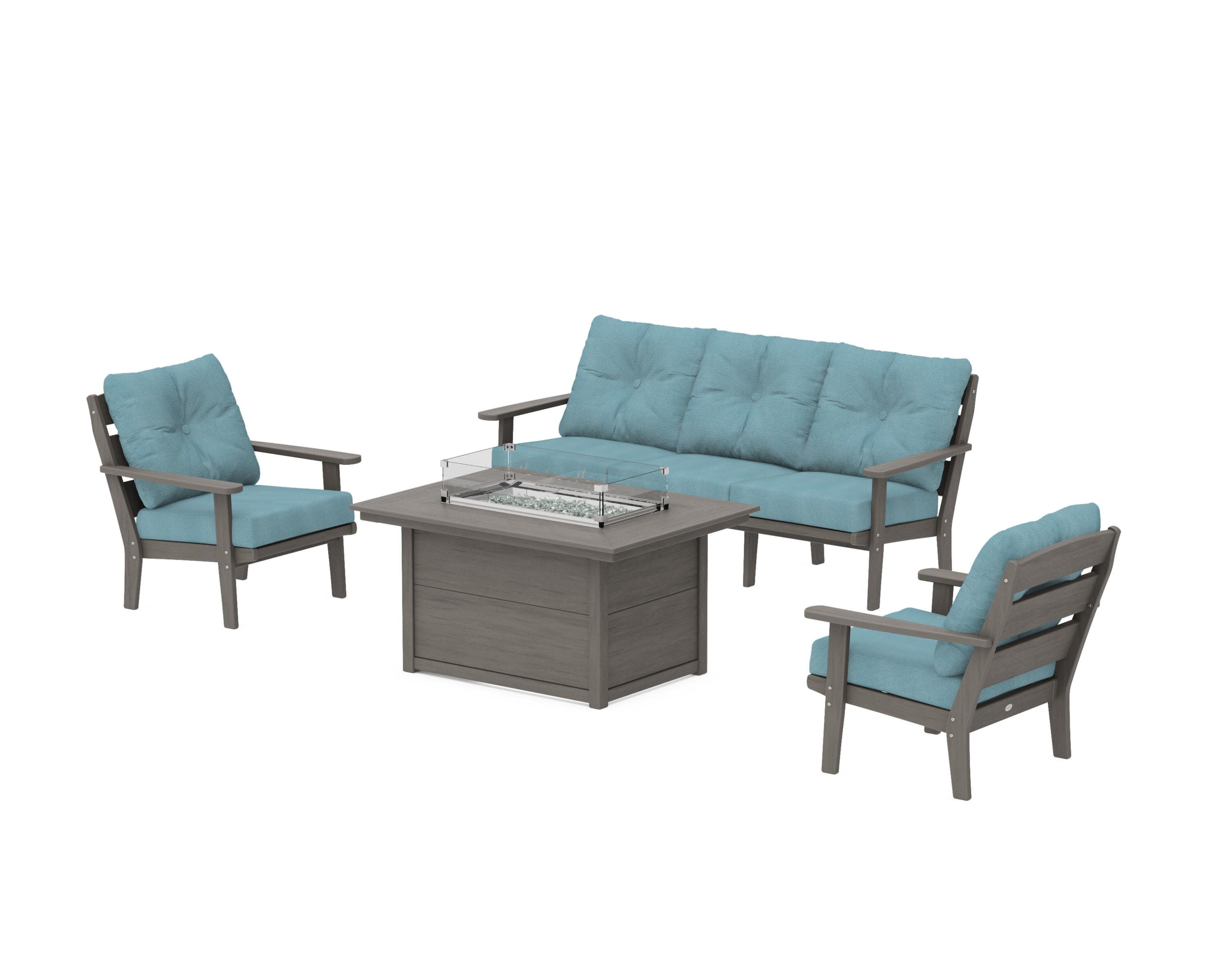 Lakeside Deep Seating Fire Pit Table Set in Driftwood / Lattice Sky Blue