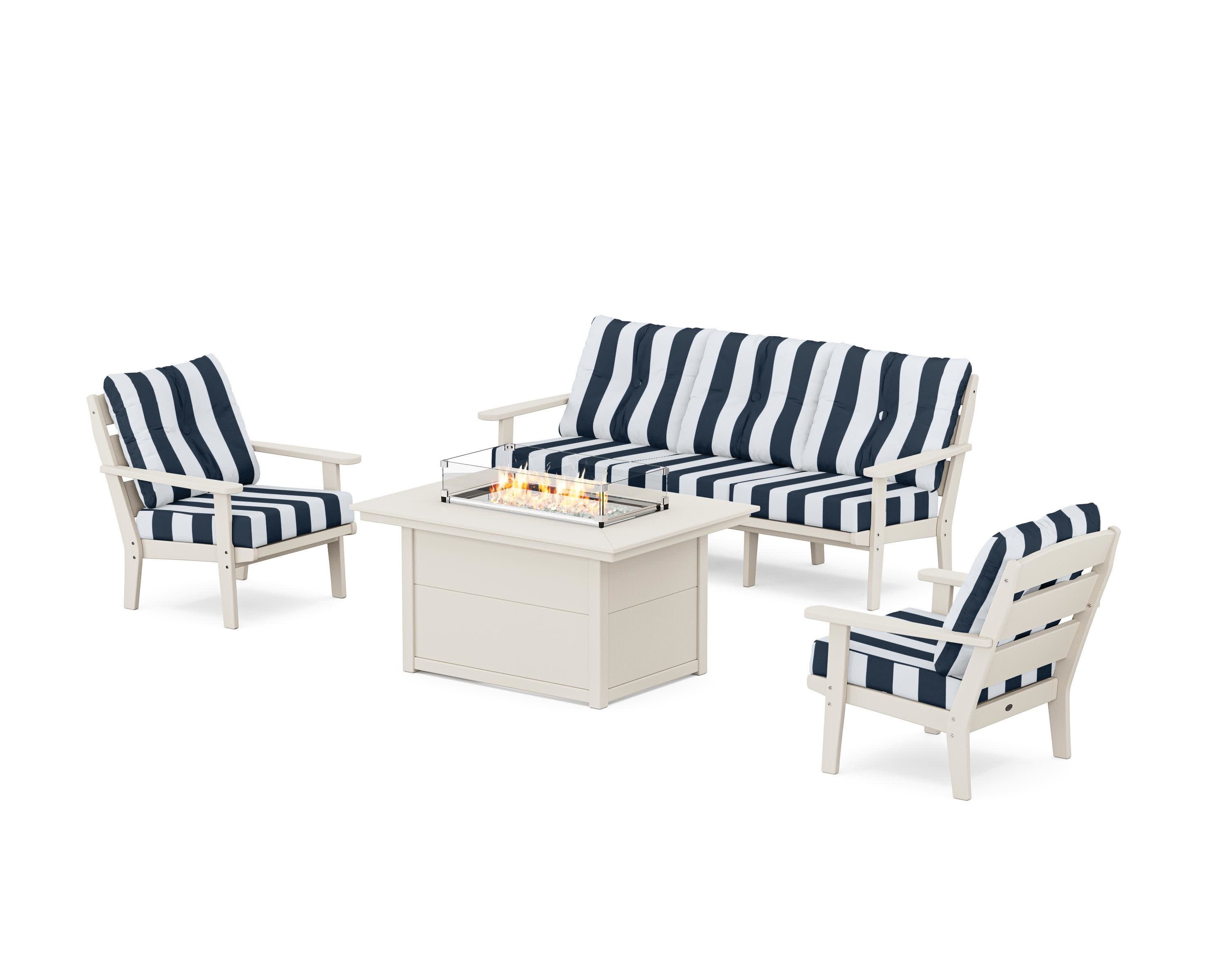 Lakeside Deep Seating Fire Pit Table Set in Sand / Cabana Stripe Marine Indigo
