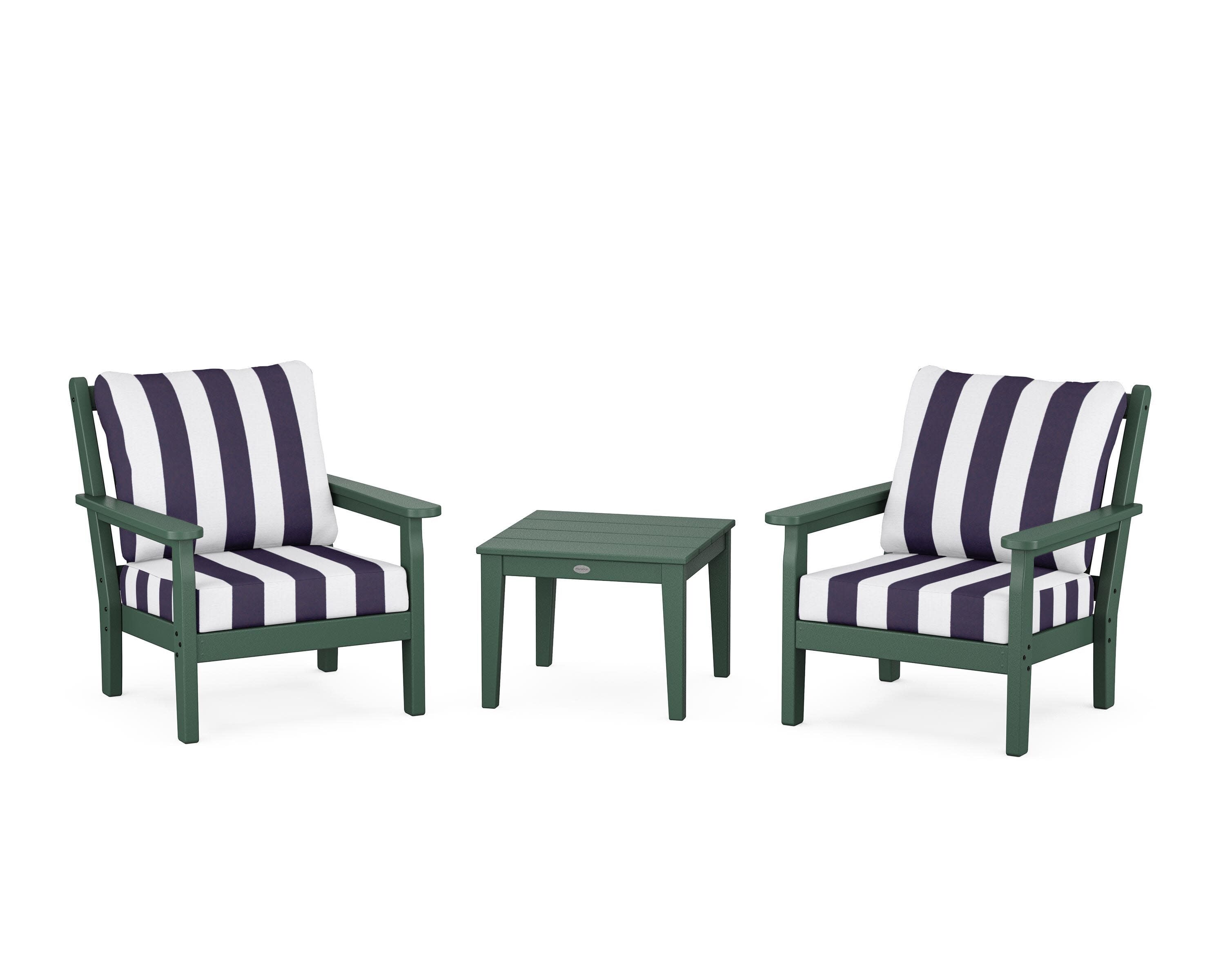 Chippendale 3-Piece Deep Seating Set in Green / Cabana Stripe Navy