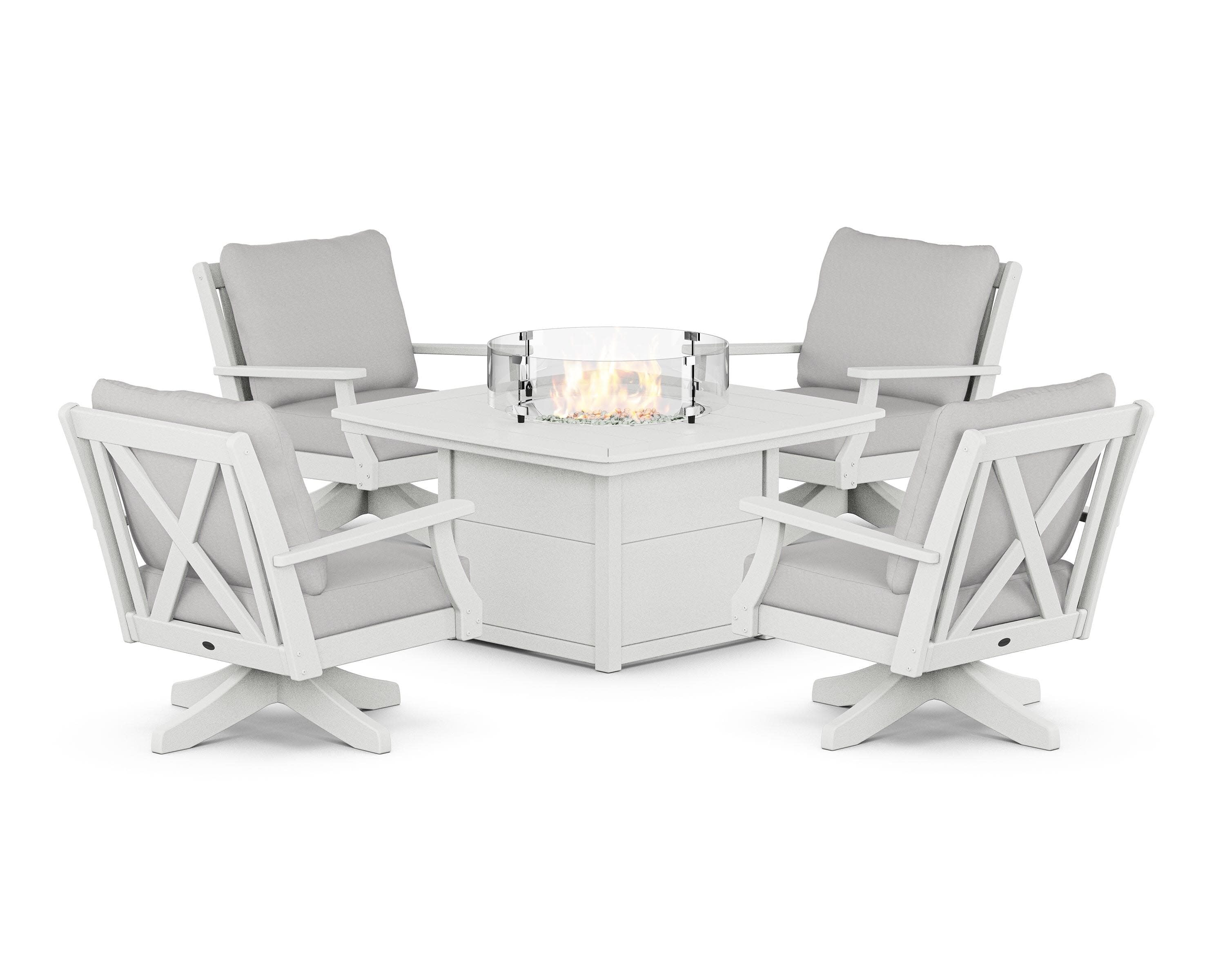 Braxton 5-Piece Deep Seating Swivel Conversation Set with Fire Pit Table in Vintage White / Diamond in the Rough