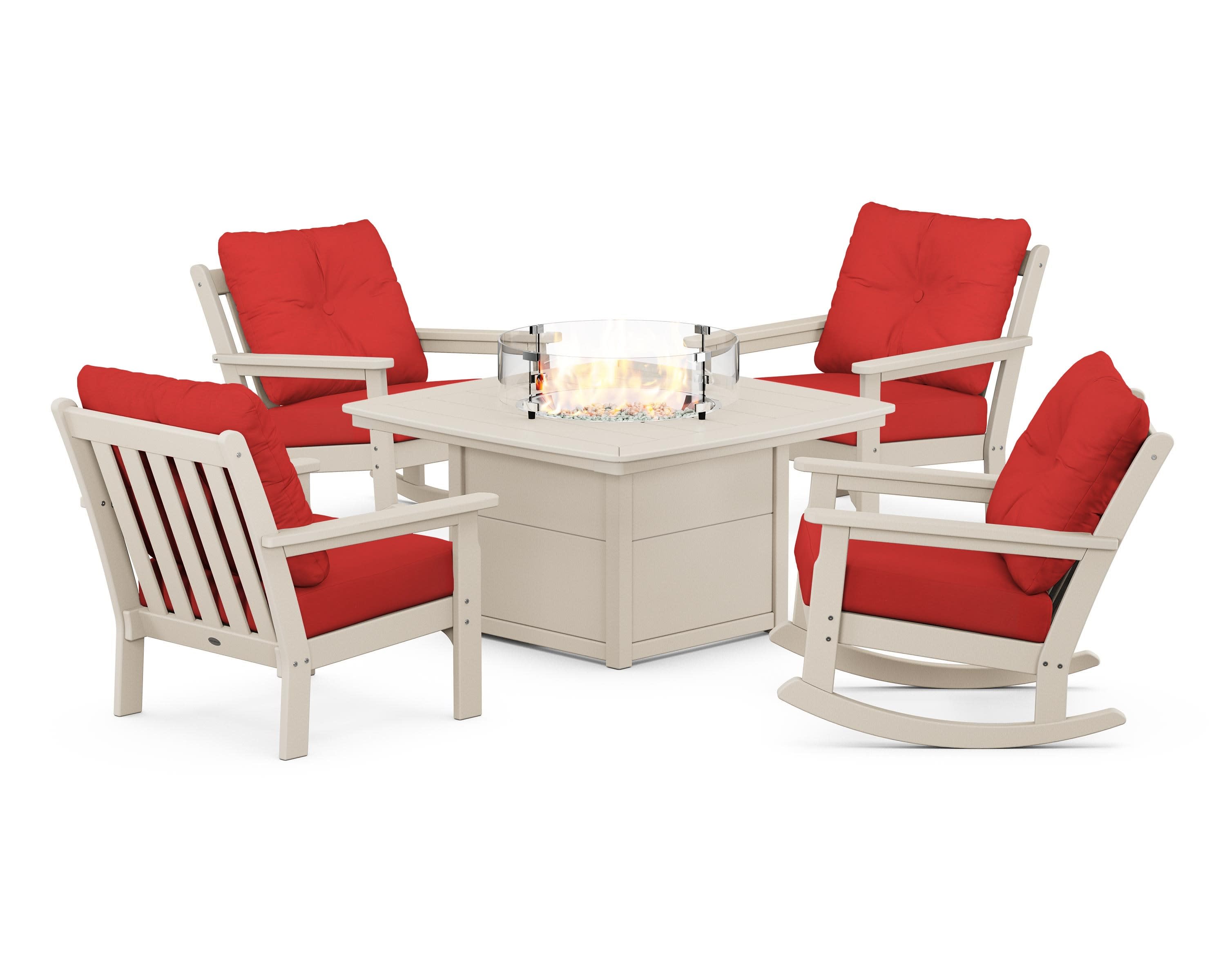 Vineyard 5-Piece Deep Seating Rocking Chair Conversation Set with Fire Pit Table in Sand / Crimson Linen