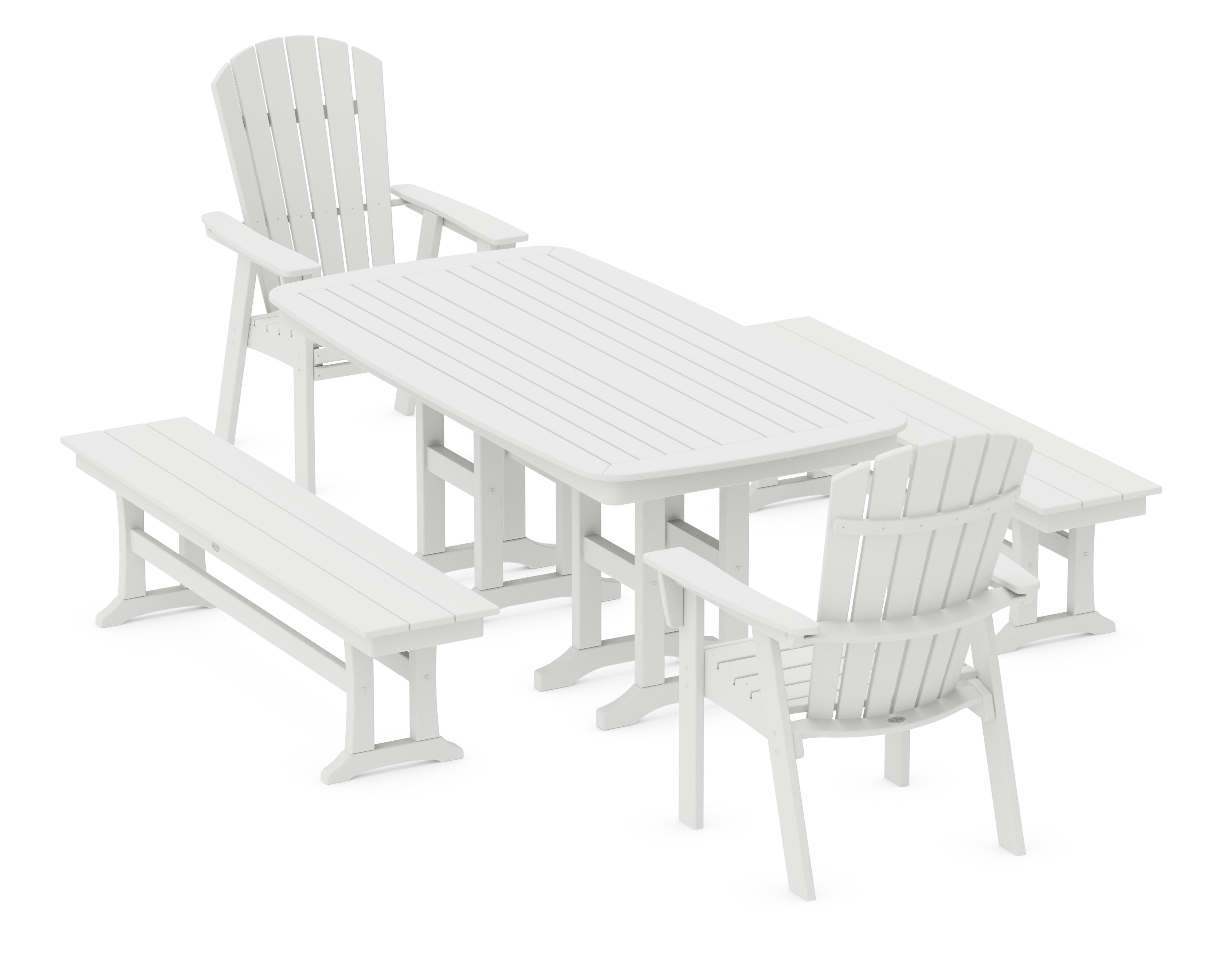 Nautical Curveback Adirondack 5-Piece Dining Set with Benches in White