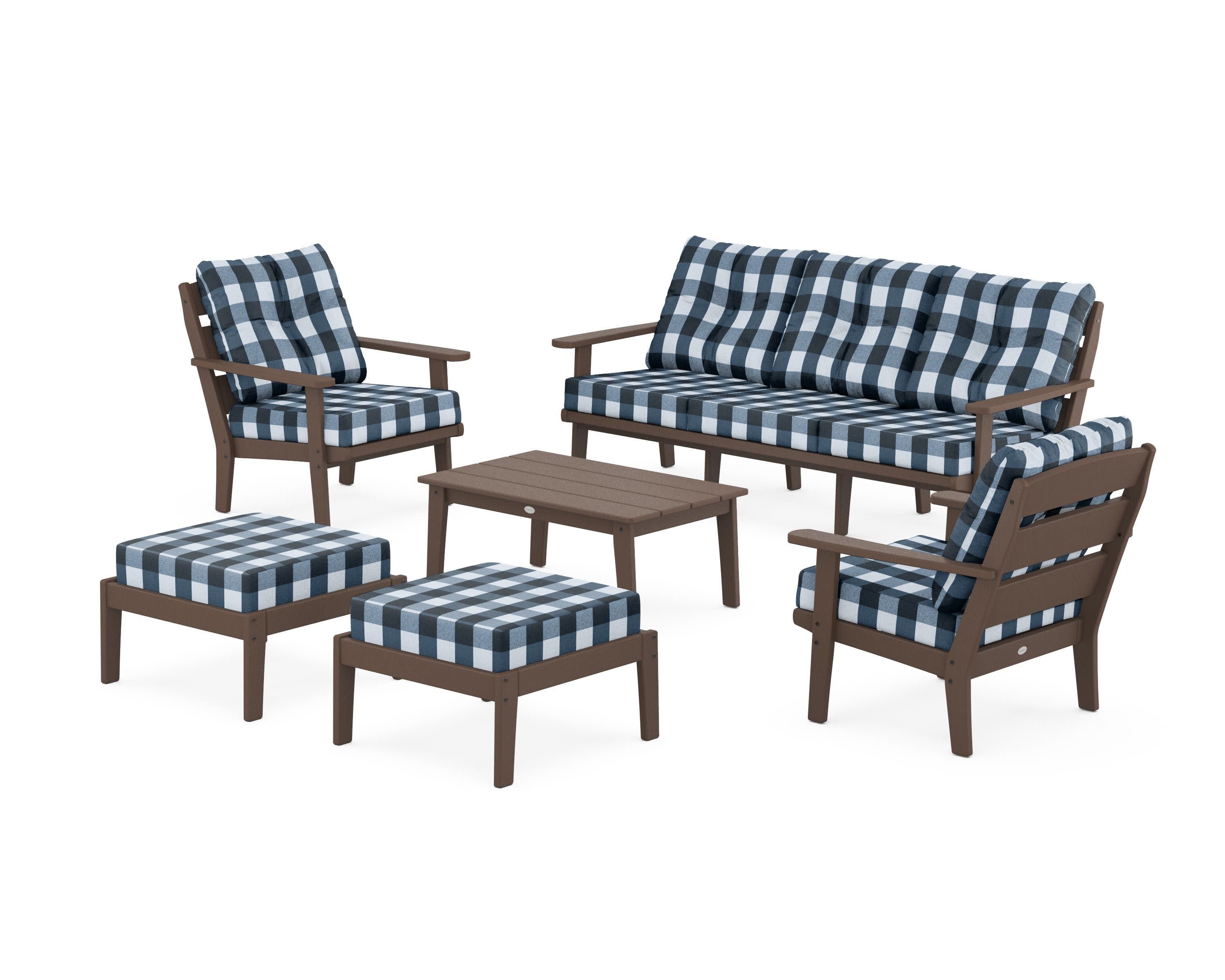 Lakeside 6-Piece Lounge Sofa Set in Mahogany / Buffalo Plaid Marine Indigo