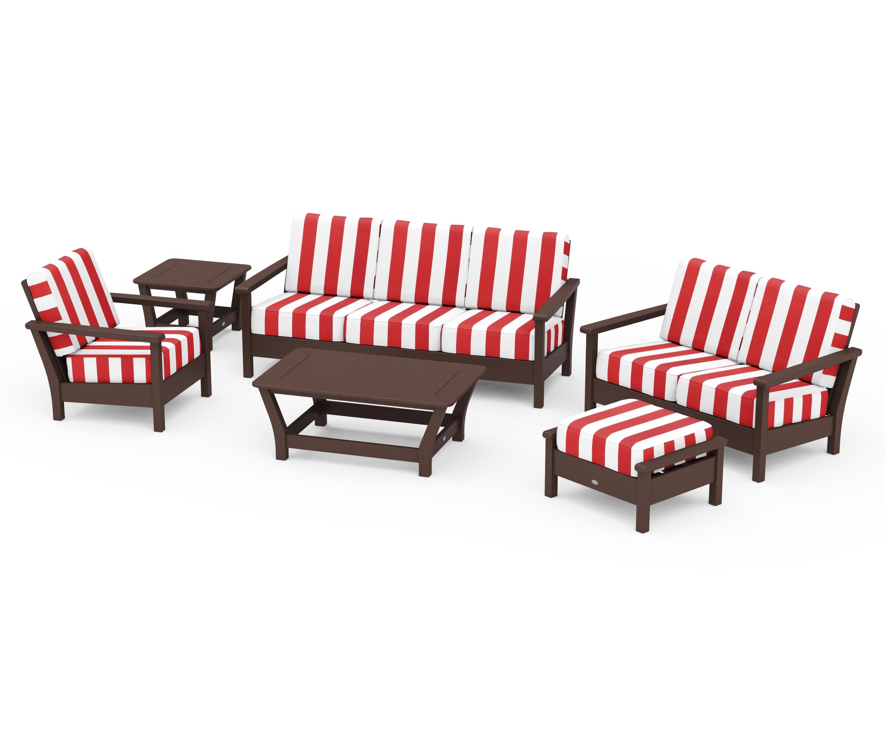 Harbour 6-Piece Outdoor Living Set in Mahogany / Cabana Stripe Crimson