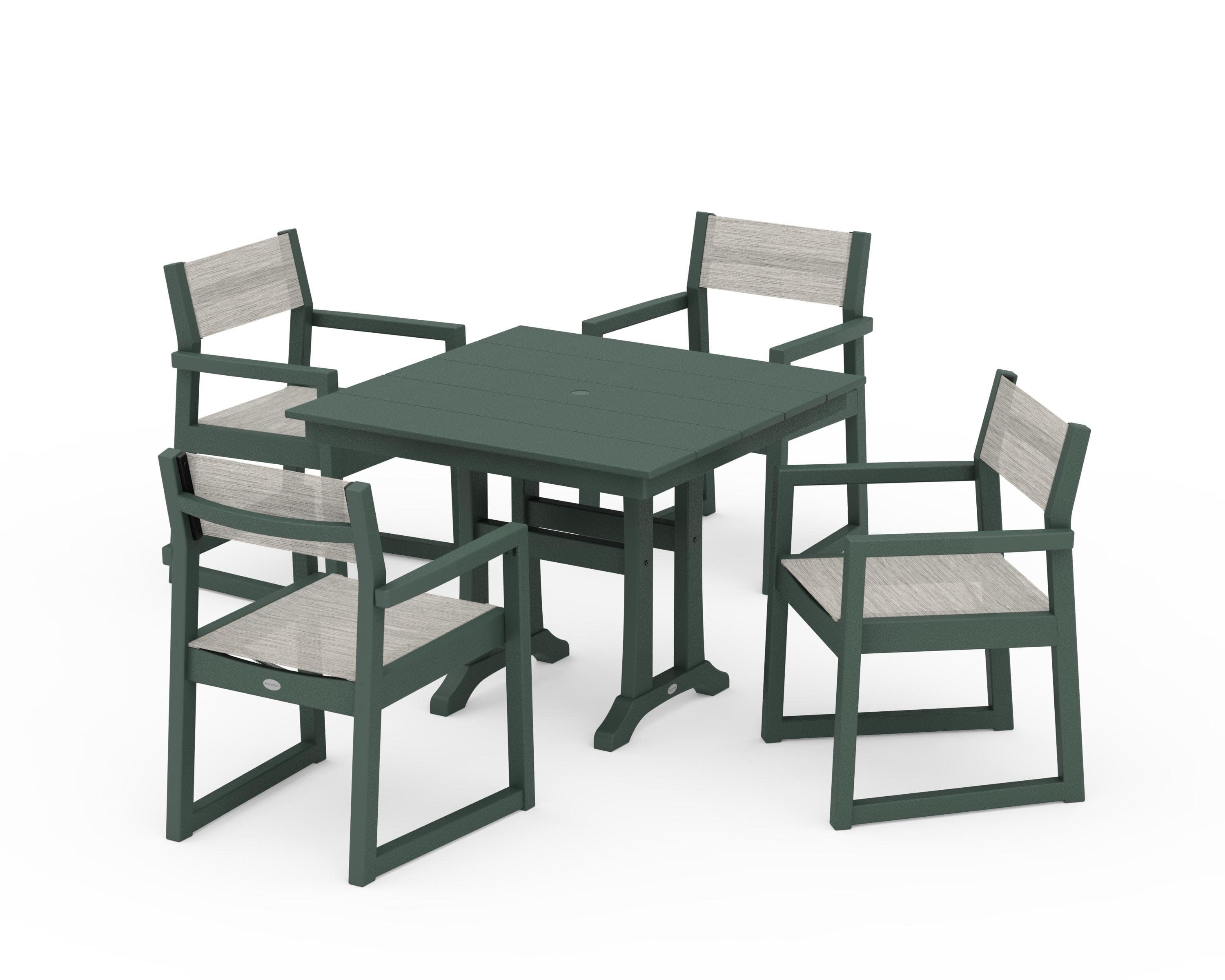 EDGE Sling 5-Piece Farmhouse Dining Set with Trestle Legs in Green / Birch Sling
