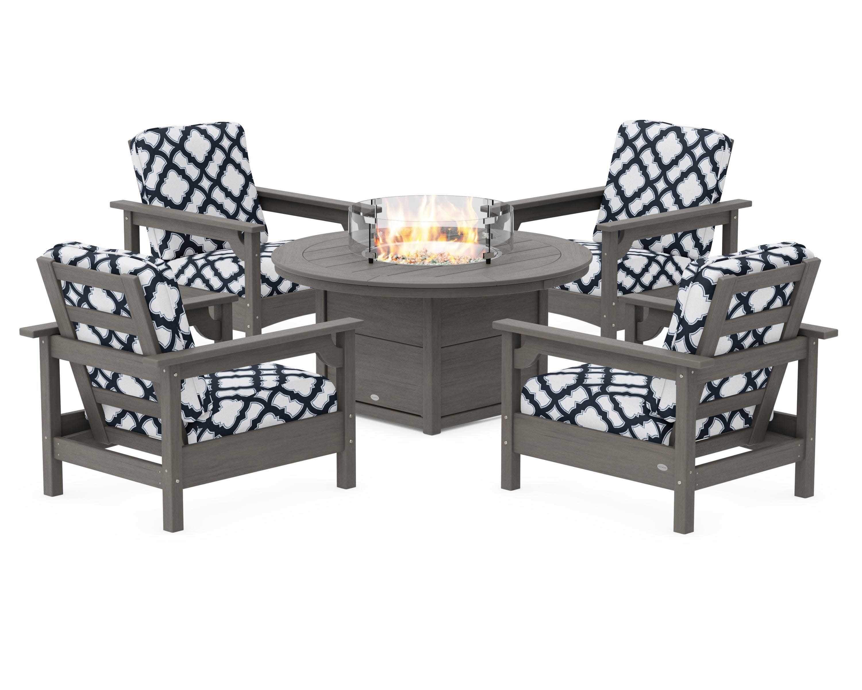Club 5-Piece Conversation Set with Fire Pit Table in Driftwood / Trellis Marine Indigo