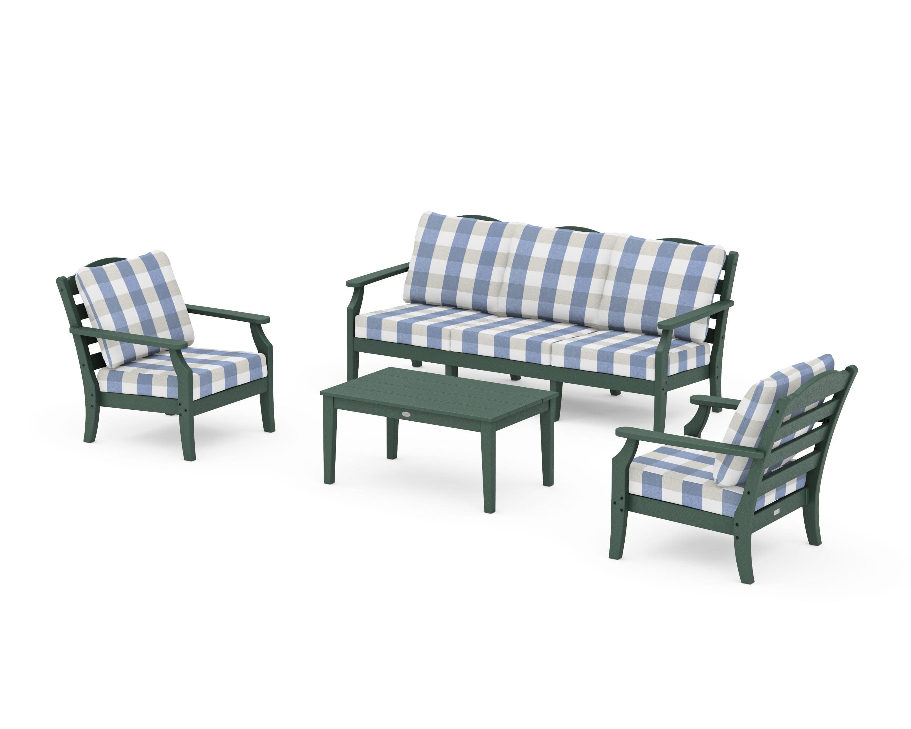 Savannah 4-Piece Deep Seating Set with Sofa in Green / Buffalo Plaid Sky Blue