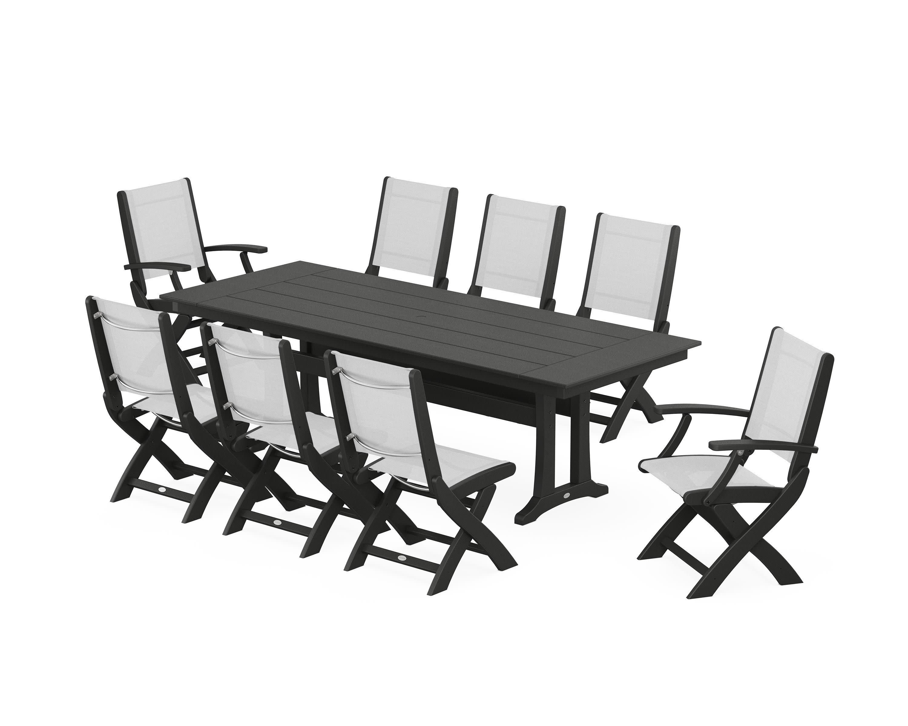 Coastal 9-Piece Folding Dining Chair Farmhouse Dining Set with Trestle Legs in Black / White Sling