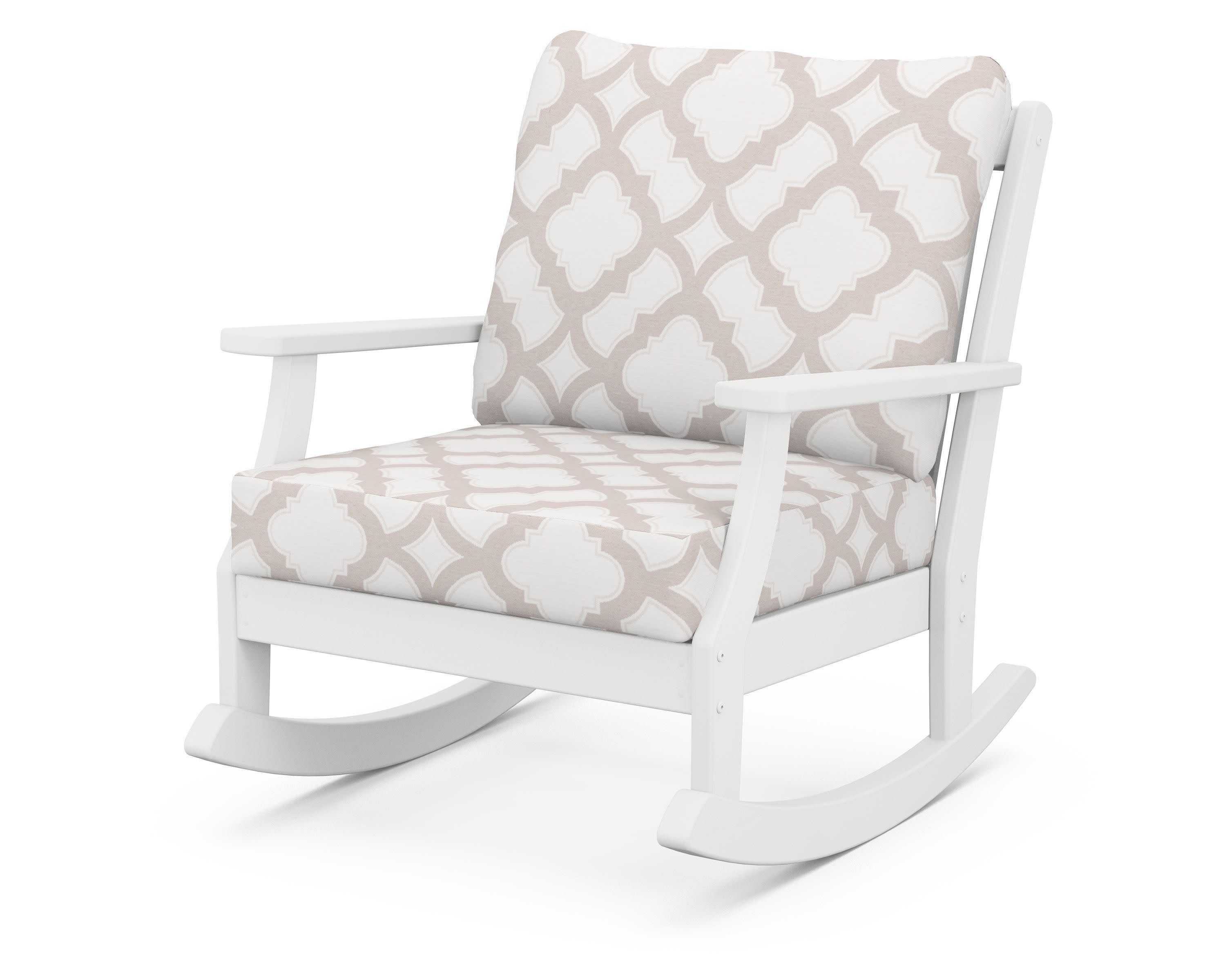 Braxton Deep Seating Rocking Chair in White / Trellis Dune Burlap