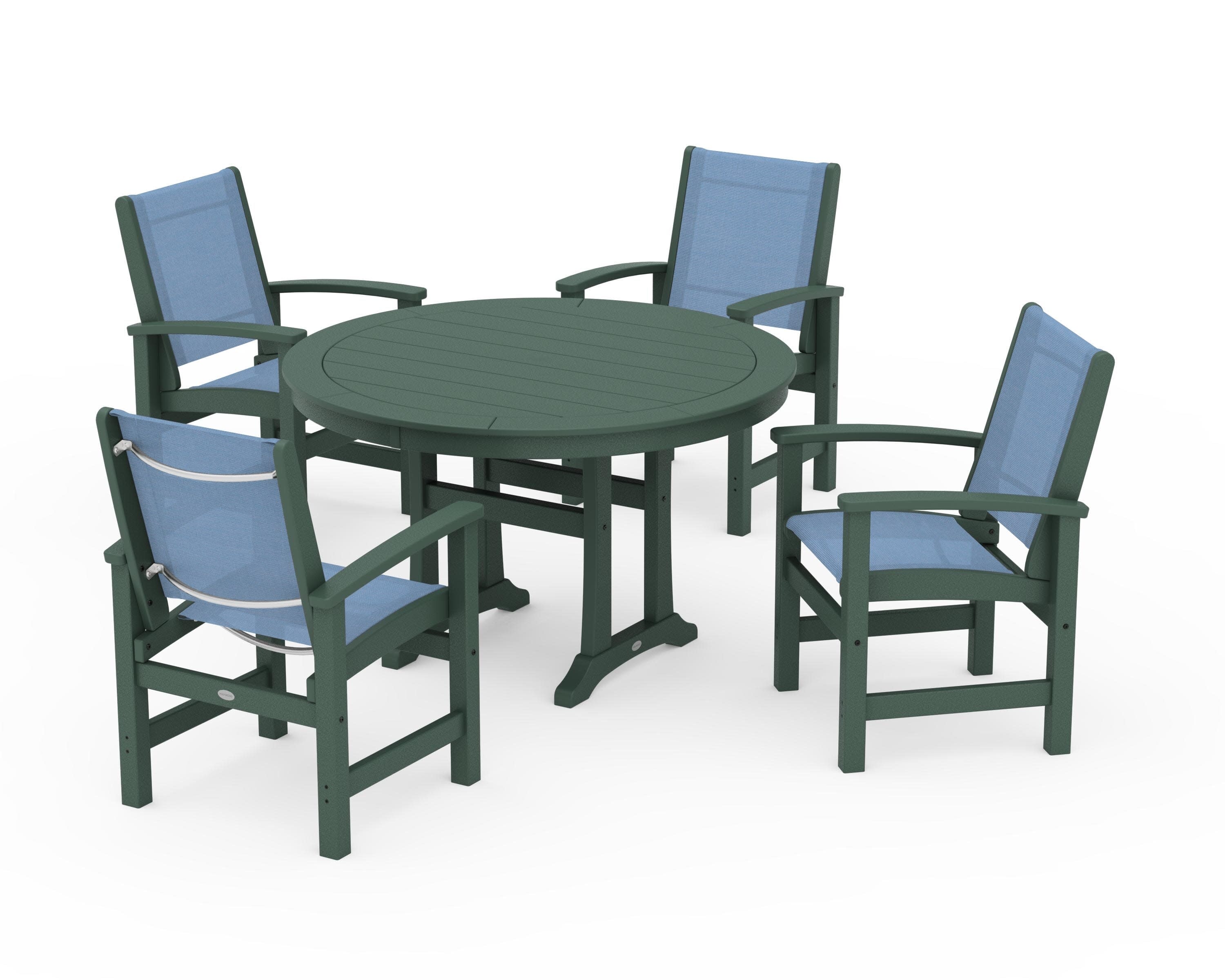 Coastal 5-Piece Round Dining Set with Trestle Legs in Green / Poolside Sling