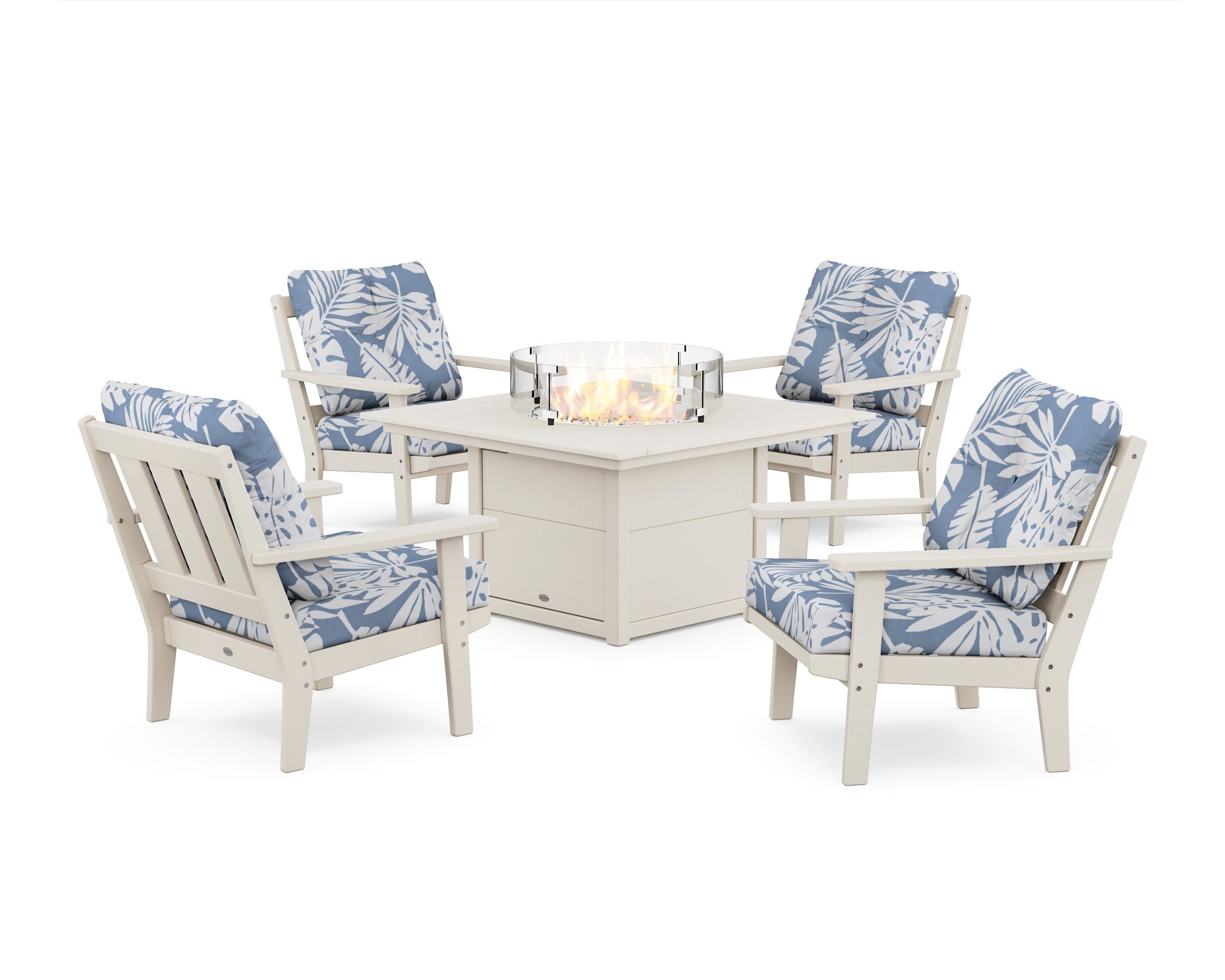 Oxford 5-Piece Deep Seating Set with Fire Pit Table in Sand / Leaf Sky Blue