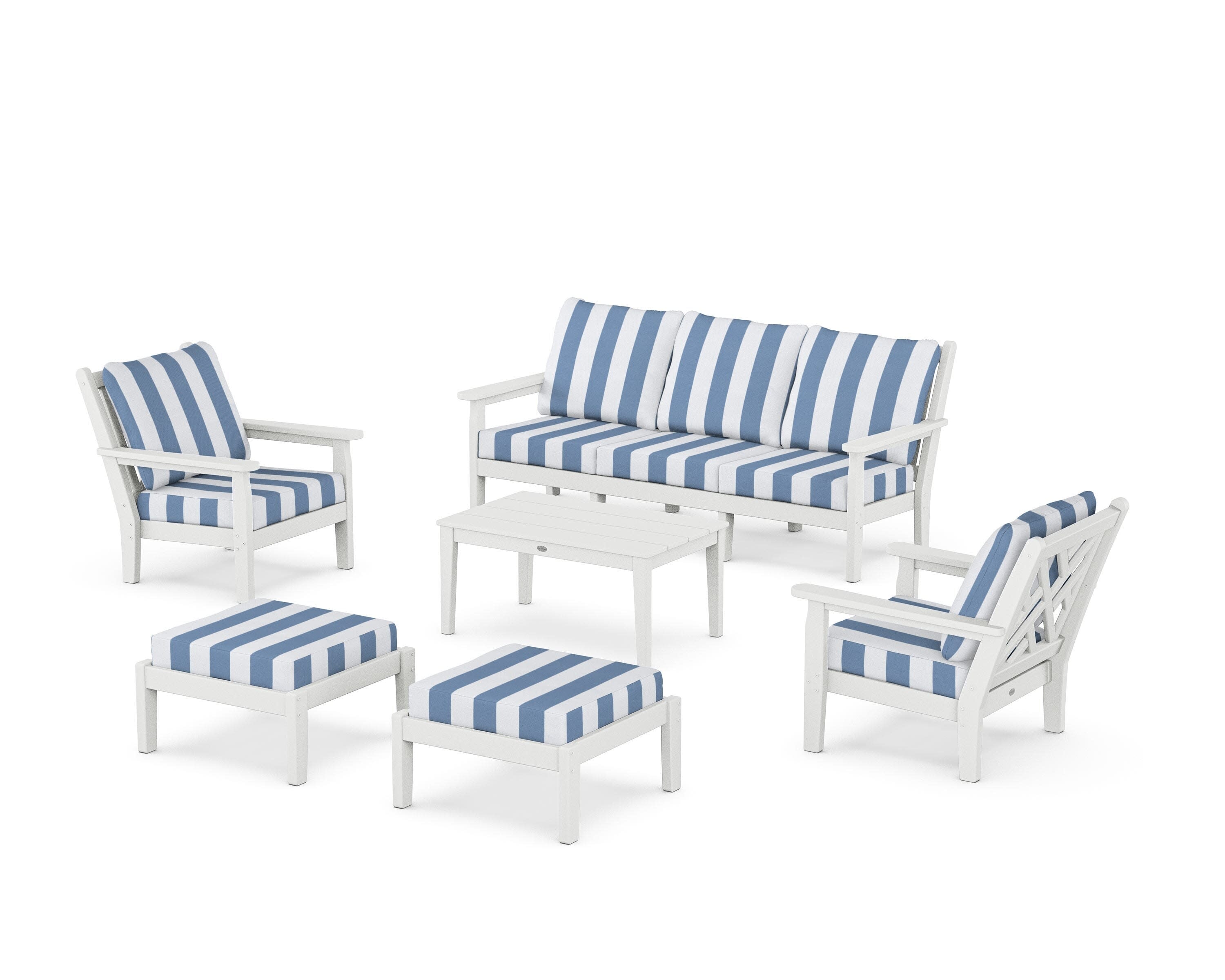 Chippendale 6-Piece Lounge Sofa Set in White / Cabana Stripe Sky Blue