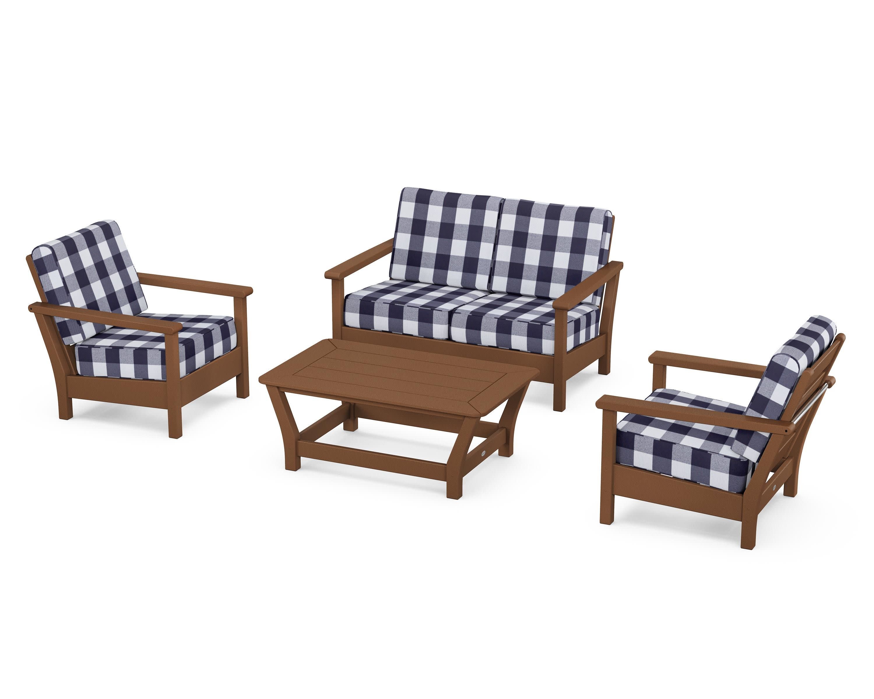Harbour 4-Piece Deep Seating Set in Teak / Buffalo Plaid Navy
