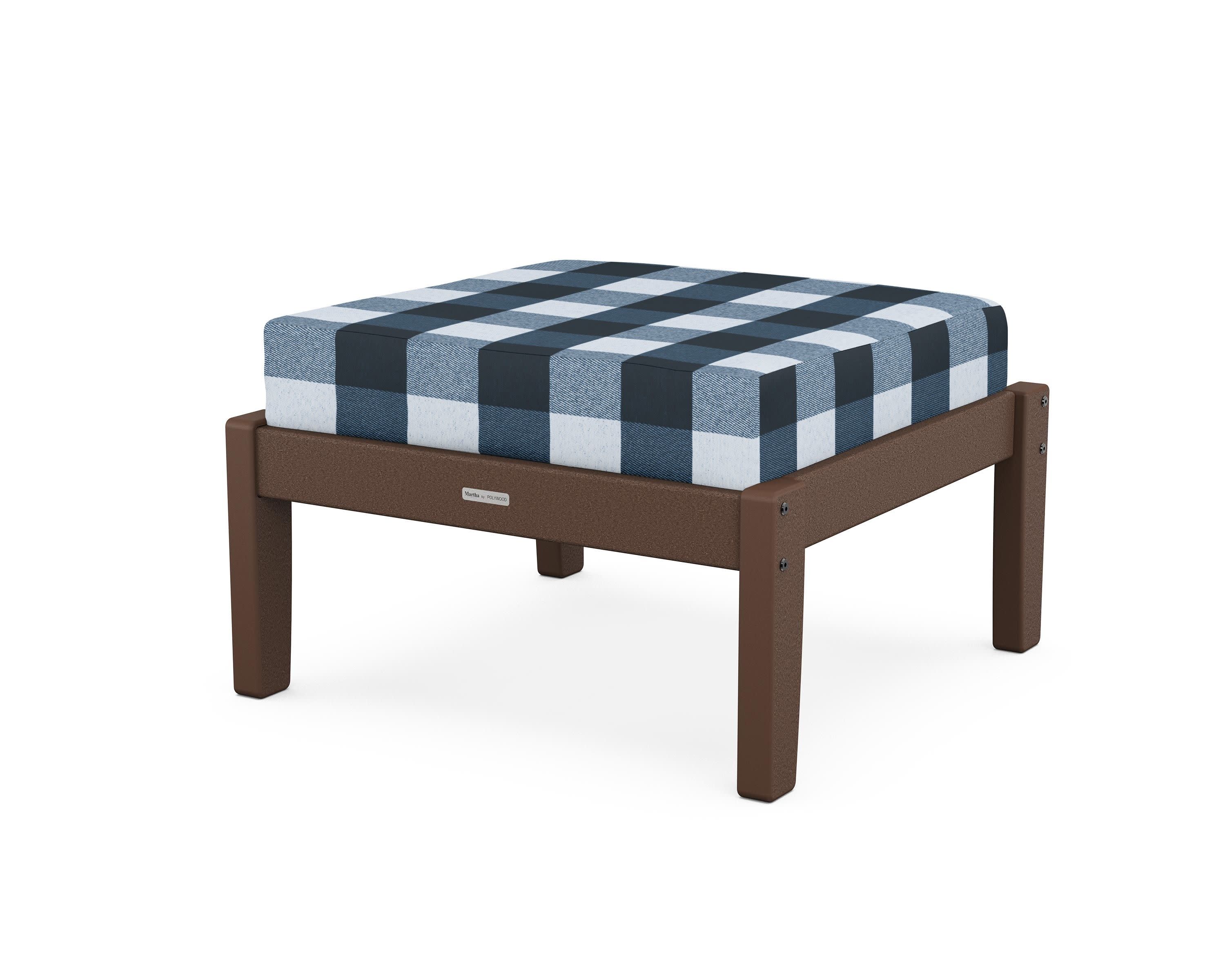 Chinoiserie Deep Seating Ottoman in Mahogany / Buffalo Plaid Marine Indigo