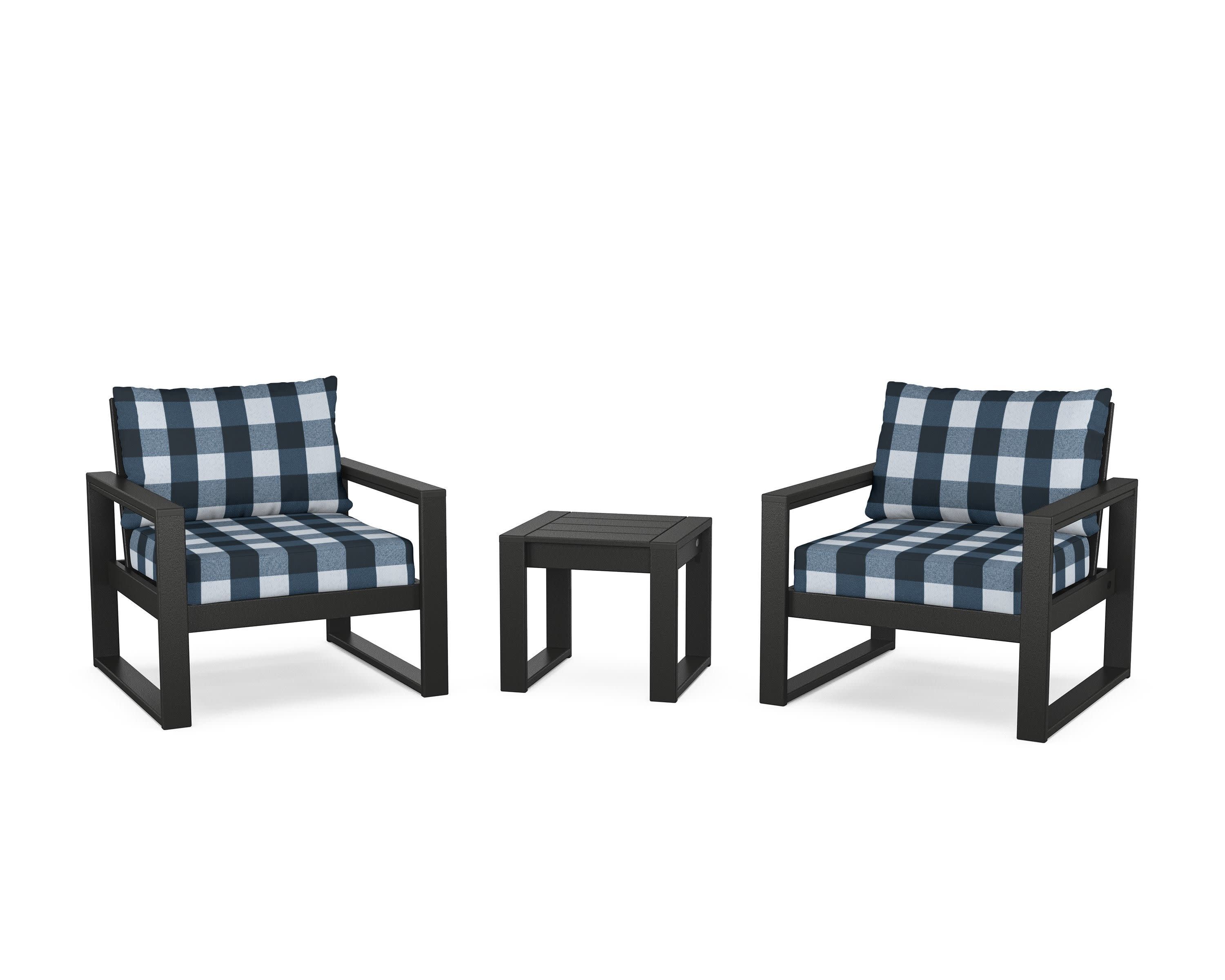 EDGE Sectional 3-Piece Deep Seating Set in Black / Buffalo Plaid Marine Indigo