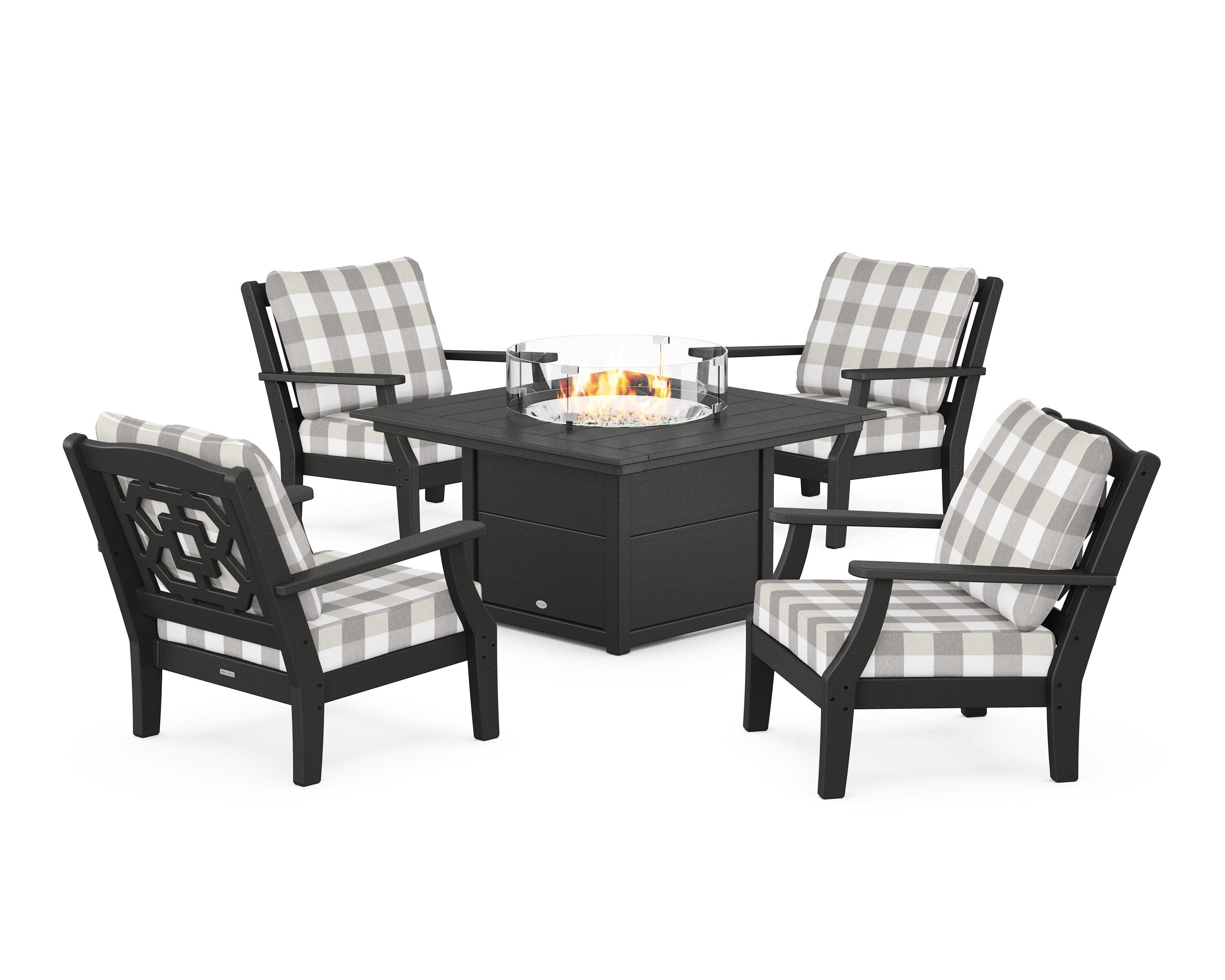 Chinoiserie 5-Piece Deep Seating Set with Fire Pit Table in Black / Buffalo Plaid Grey Mist