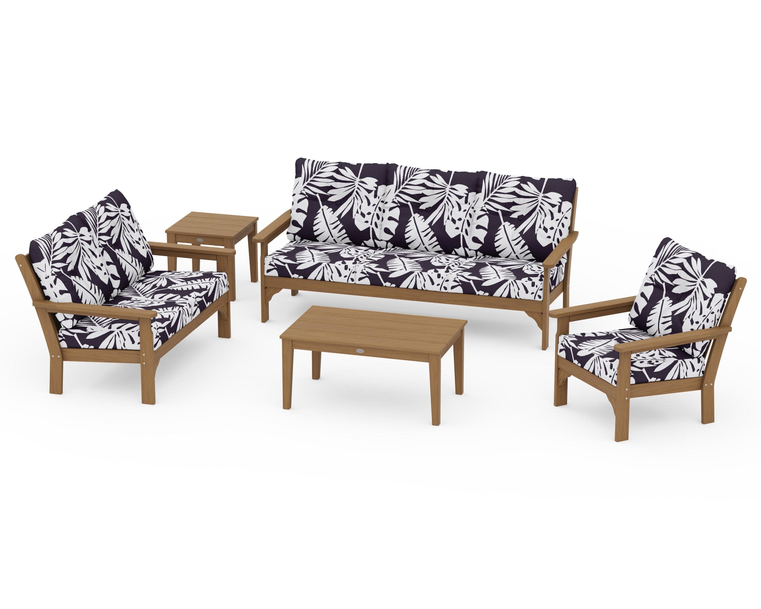 Vineyard 5 Piece Deep Seating Set in Natural / Leaf Navy