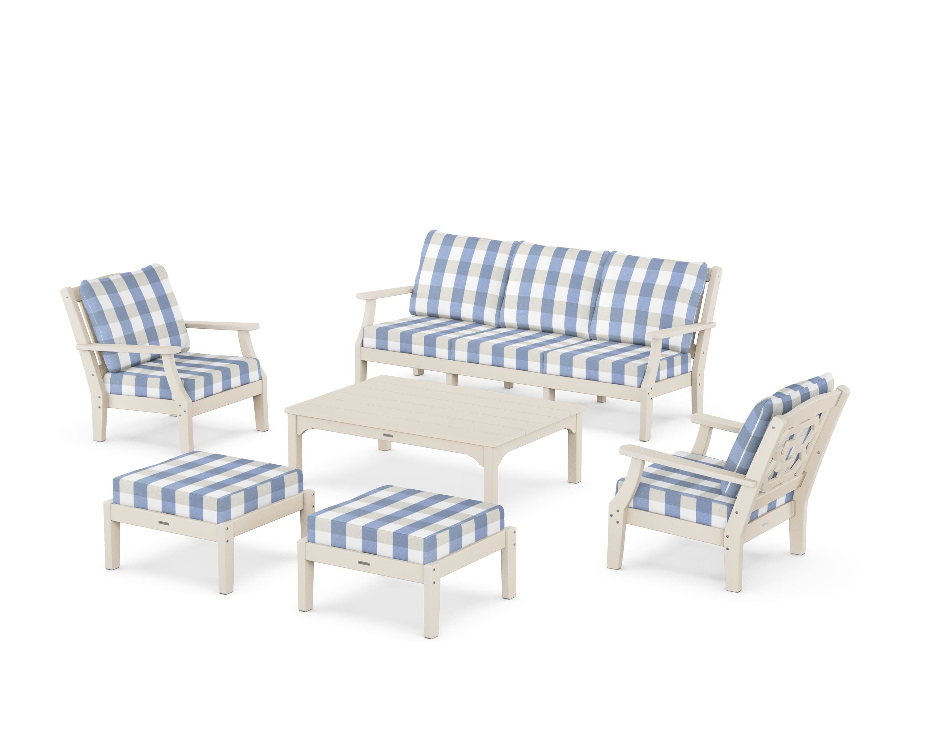 Chinoiserie 6-Piece Lounge Sofa Set in Sand / Buffalo Plaid Sky Blue