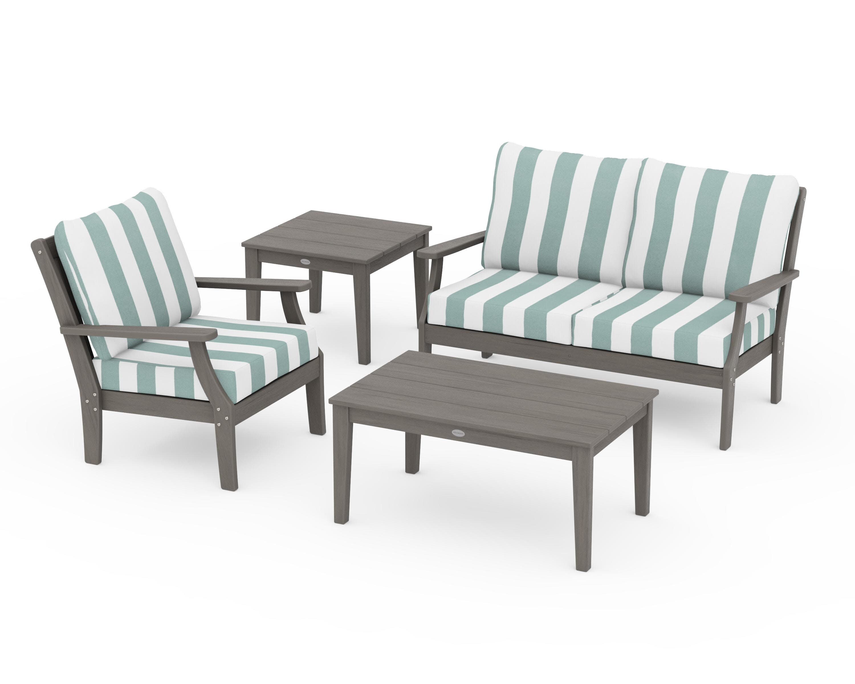 Braxton 4-Piece Deep Seating Set in Driftwood / Cabana Stripe Glacier Spa