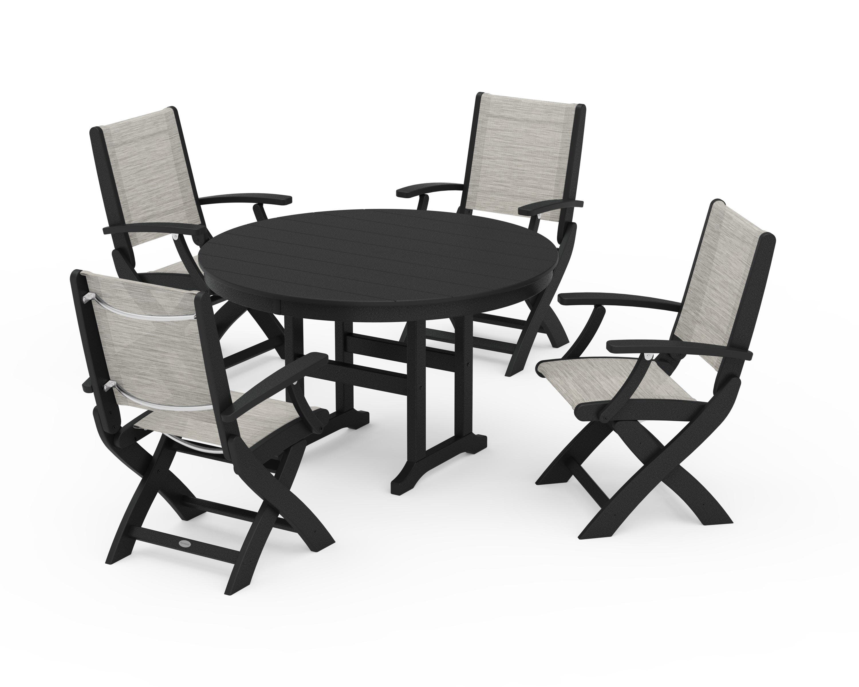Coastal Folding Chair 5-Piece Round Dining Set in Black / Birch Sling