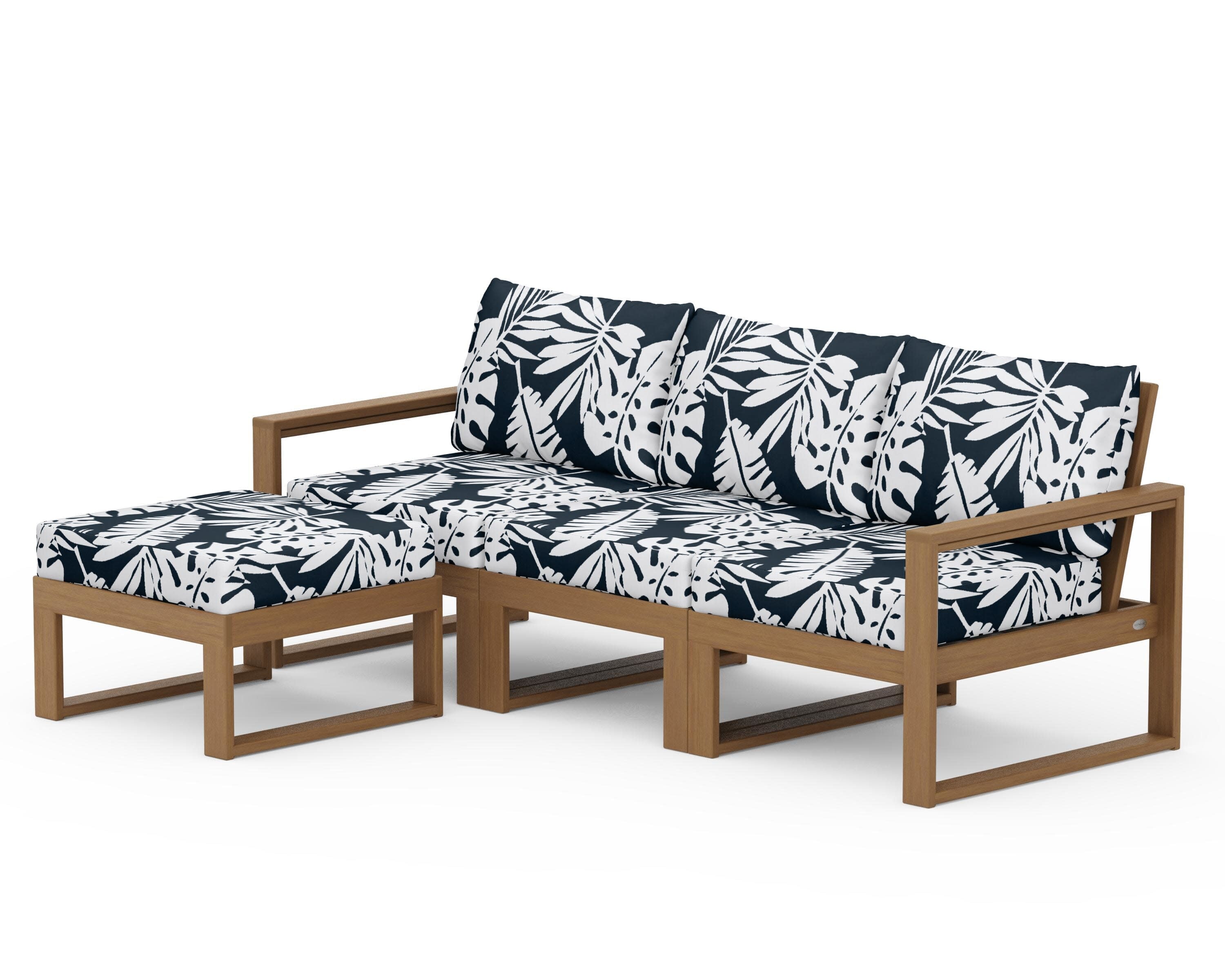 EDGE 4-Piece Modular Deep Seating Set with Ottoman in Natural / Leaf Marine Indigo
