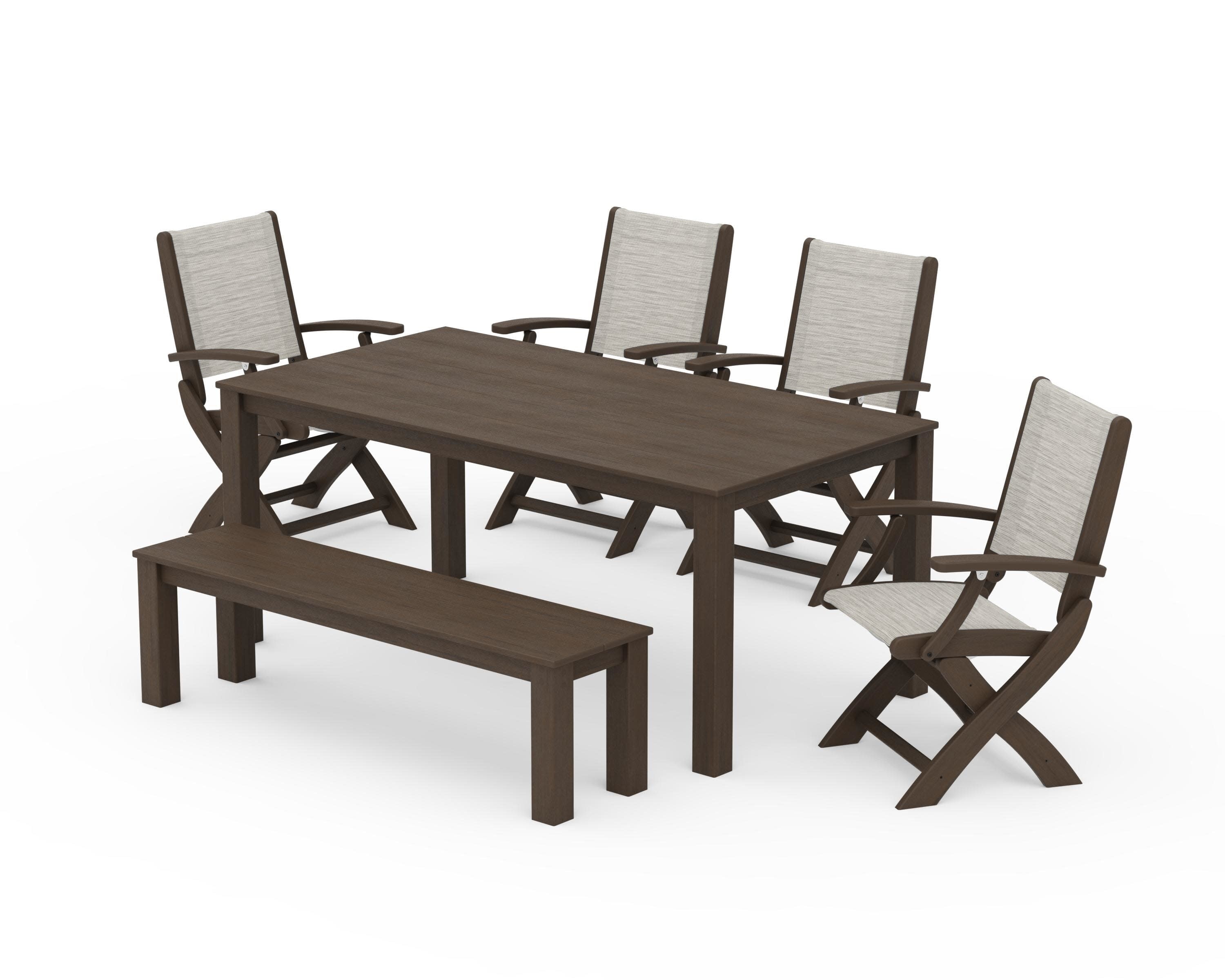Coastal Folding Chair 6-Piece Parsons Dining Set with Bench in Kona / Birch Sling