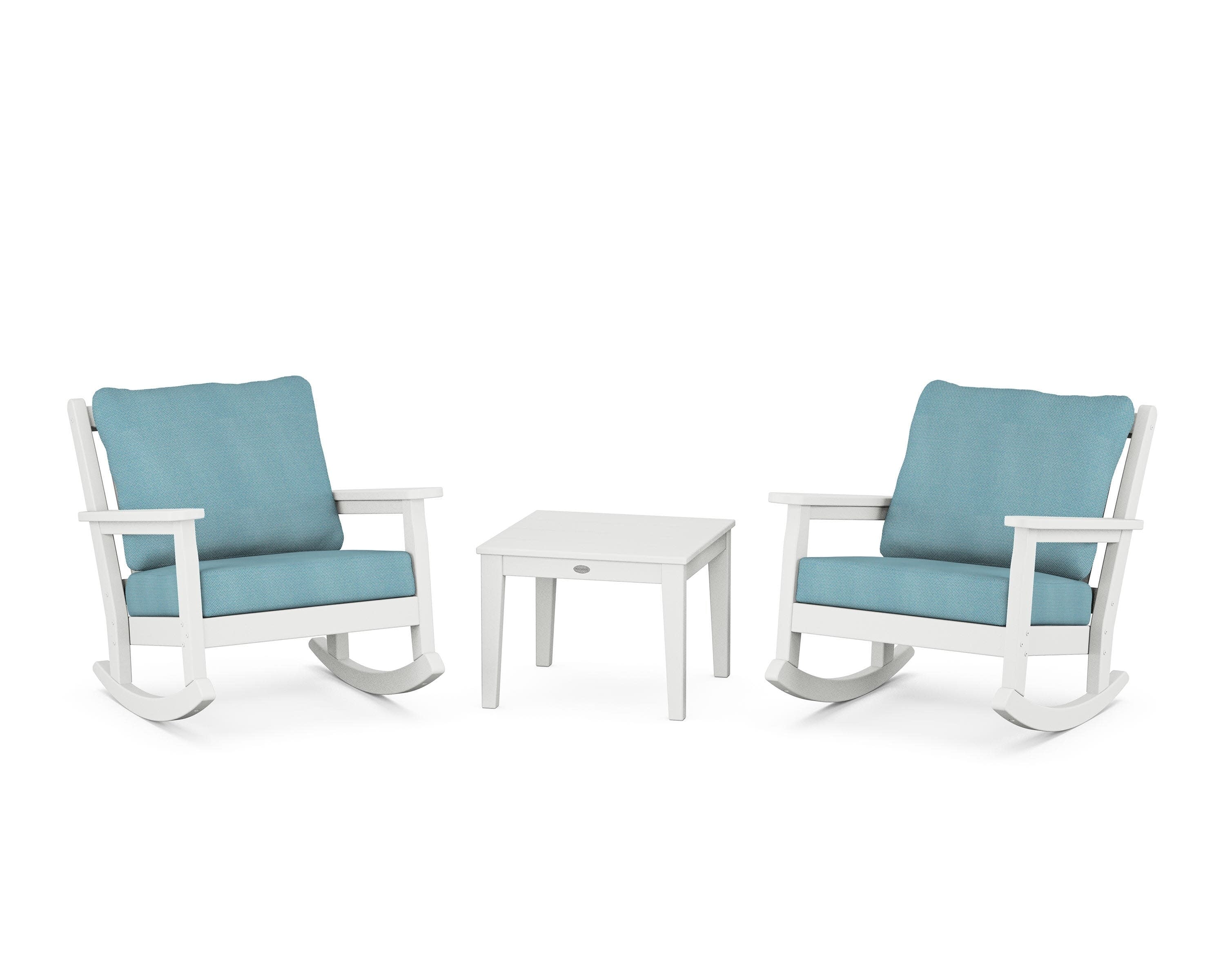 Chippendale 3-Piece Deep Seating Rocker Set in White / Lattice Sky Blue