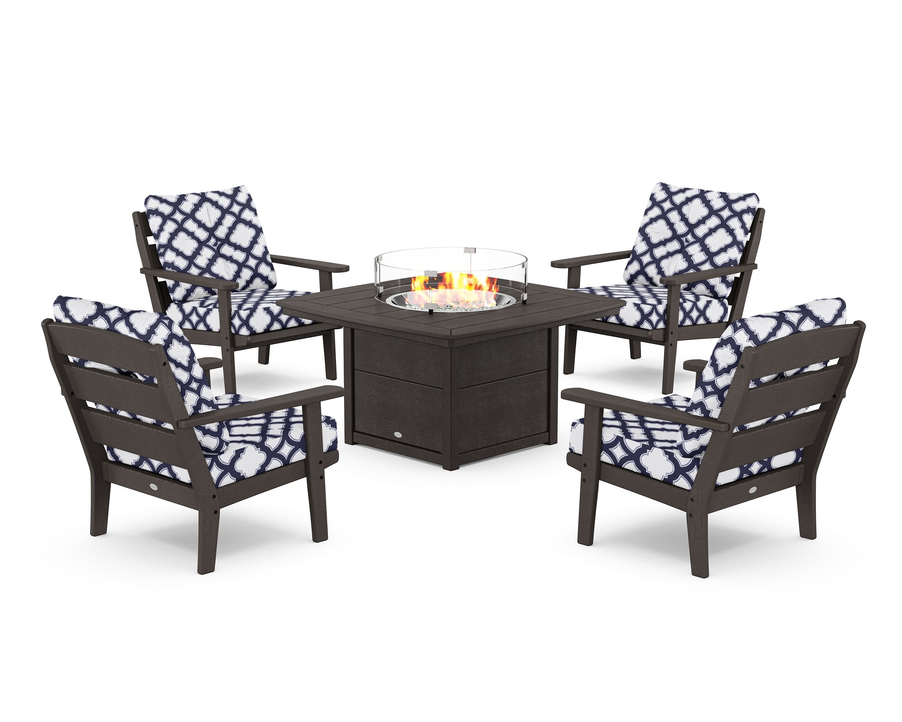 Lakeside 5-Piece Deep Seating Set with Nautical Fire Pit Table in Vintage Coffee / Trellis Navy