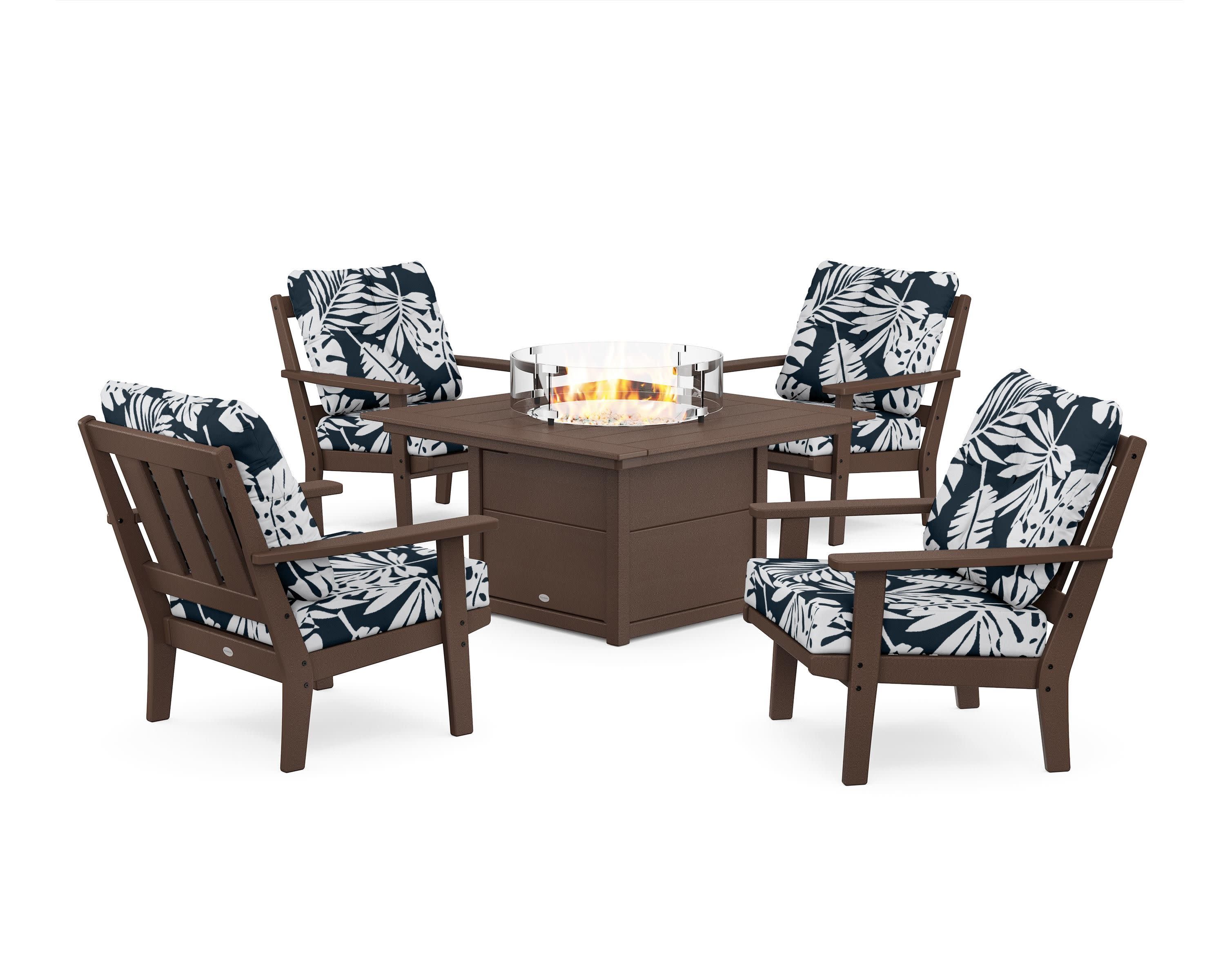 Oxford 5-Piece Deep Seating Set with Fire Pit Table in Mahogany / Leaf Marine Indigo