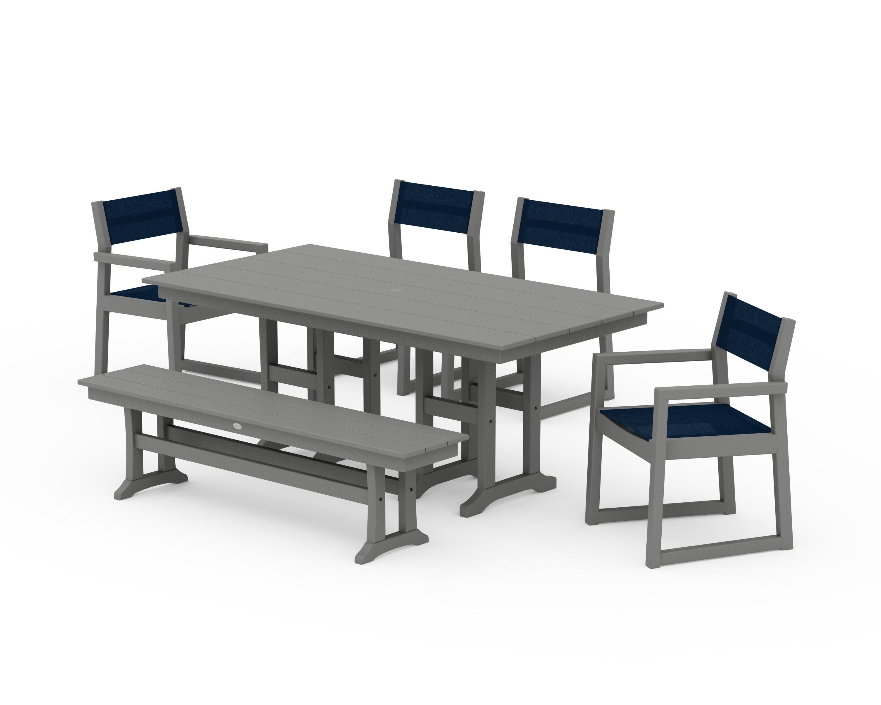 EDGE Sling 6-Piece Farmhouse Dining Set in Slate Grey / Navy Blue Sling