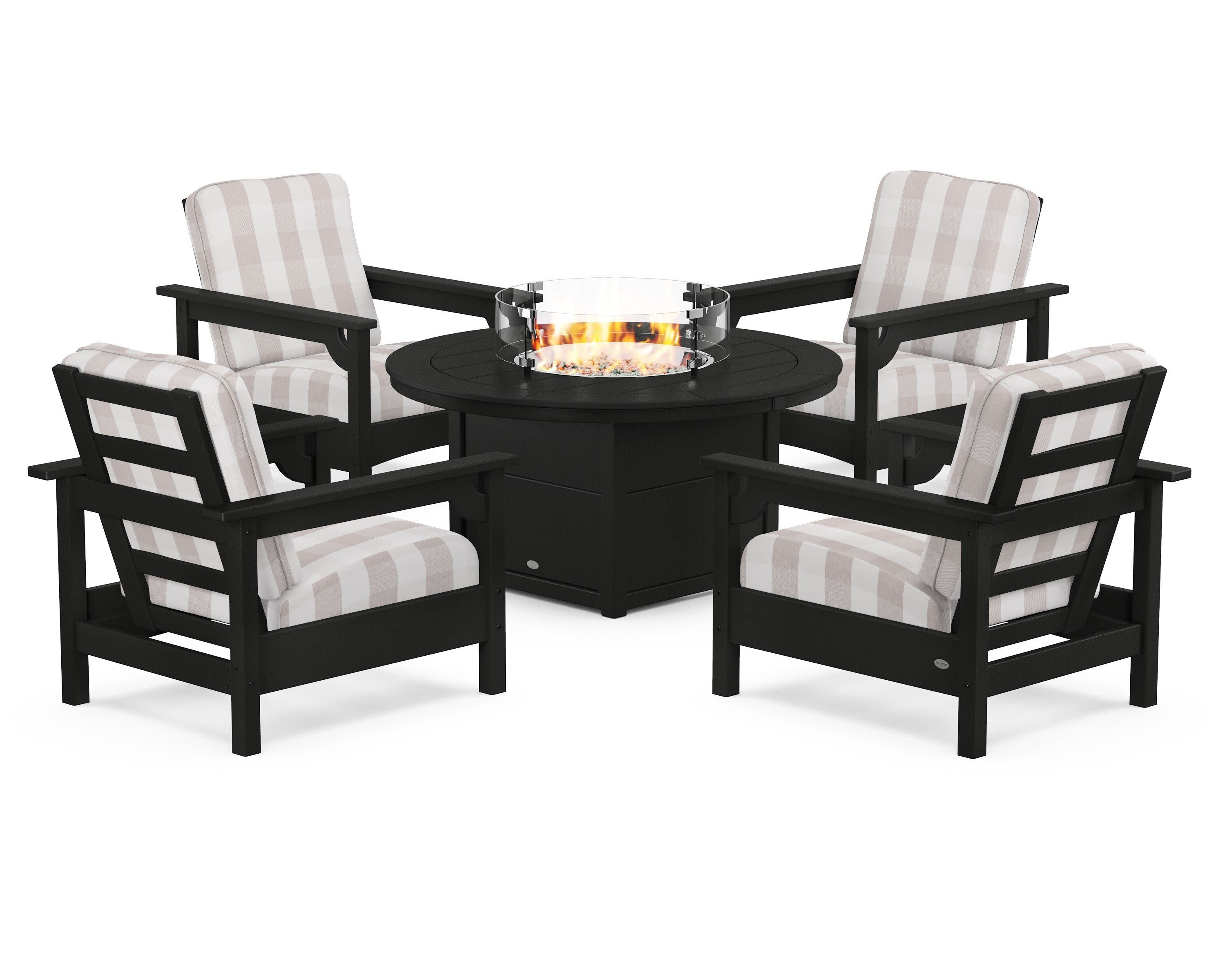 Club 5-Piece Conversation Set with Fire Pit Table in Black / Buffalo Plaid Dune Burlap