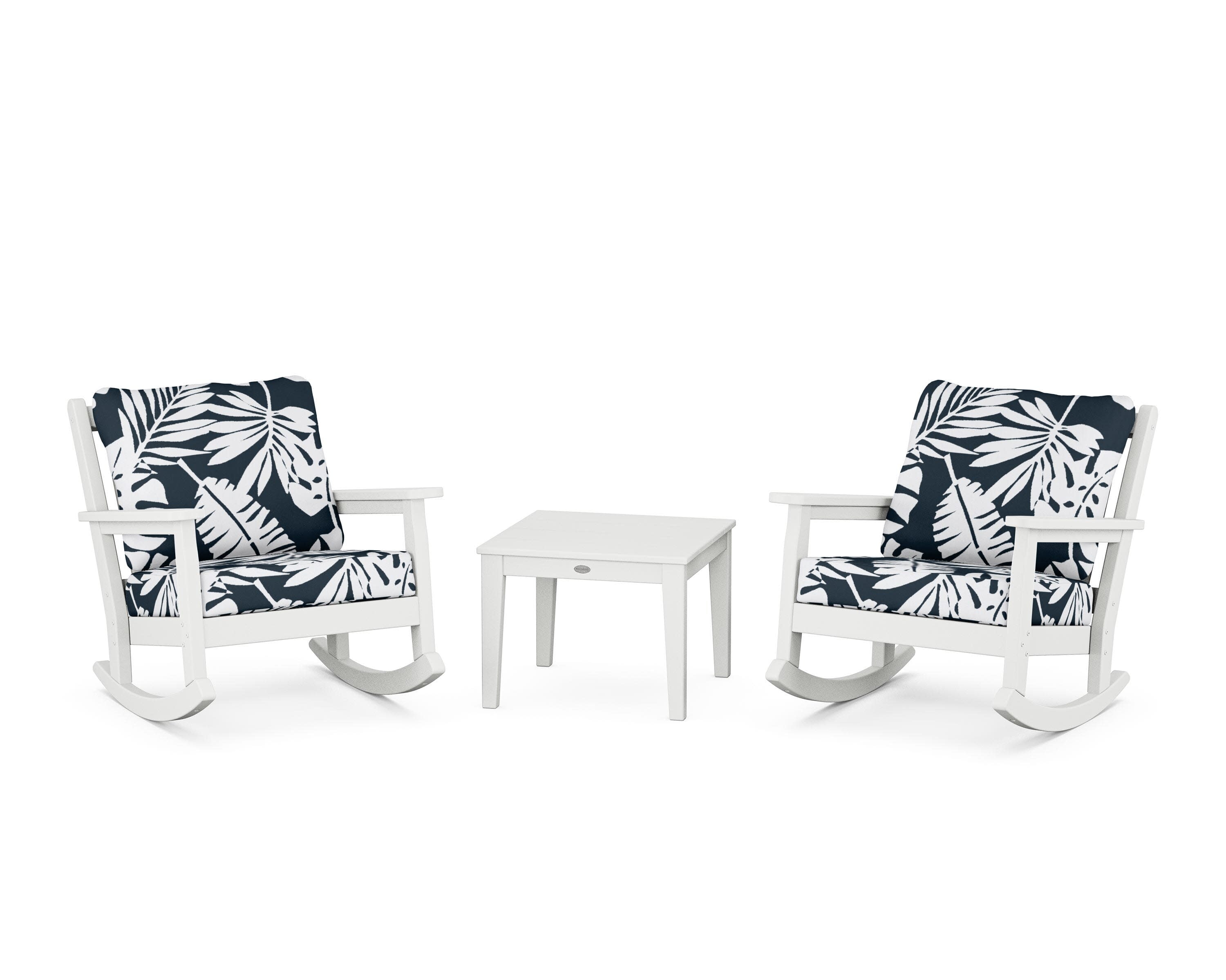 Chippendale 3-Piece Deep Seating Rocker Set in White / Leaf Marine Indigo