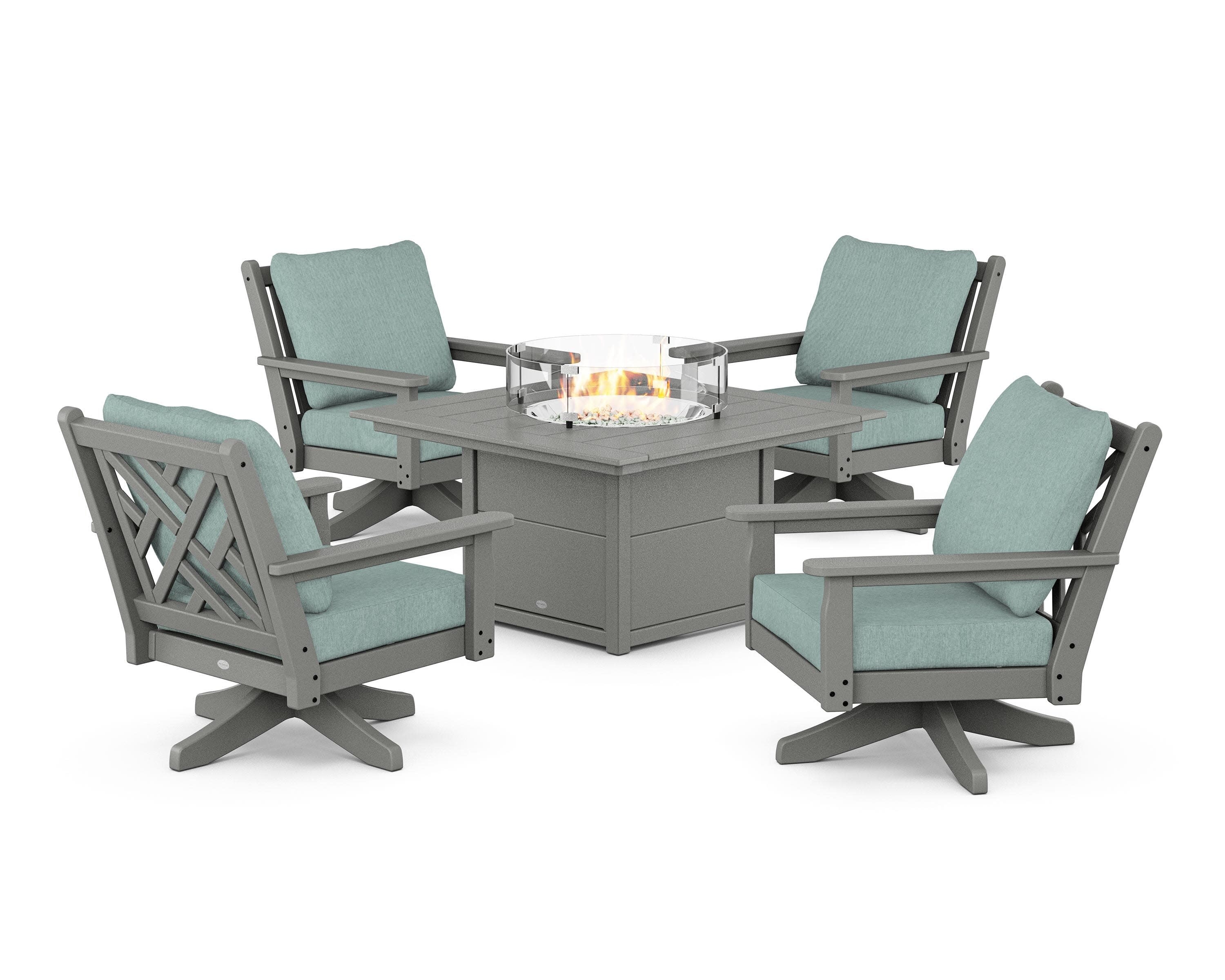 Chippendale 5-Piece Deep Seating Swivel Conversation Set with Fire Pit Table in Slate Grey / Glacier Spa