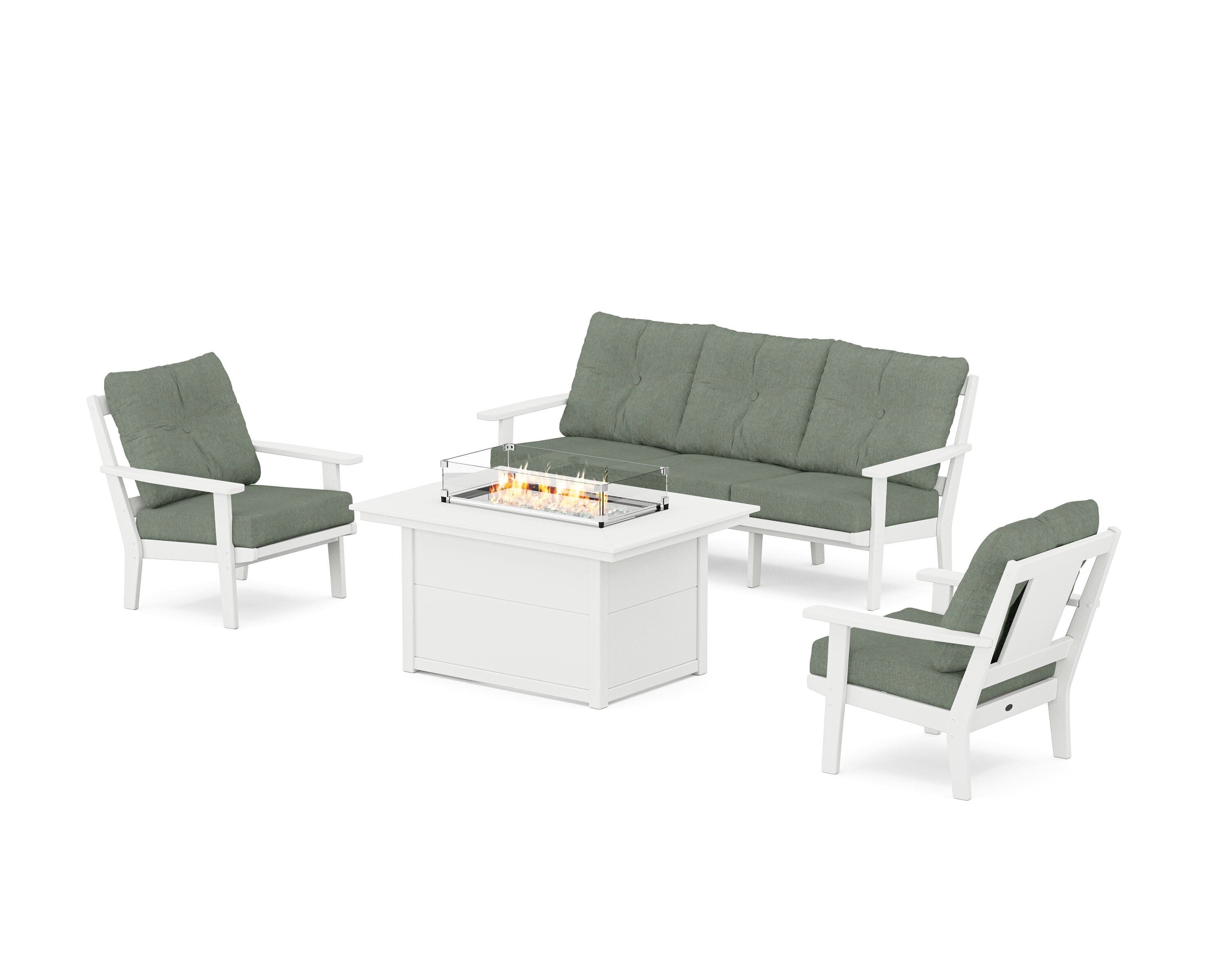 Prairie Deep Seating Fire Pit Table Set in White / Cast Sage
