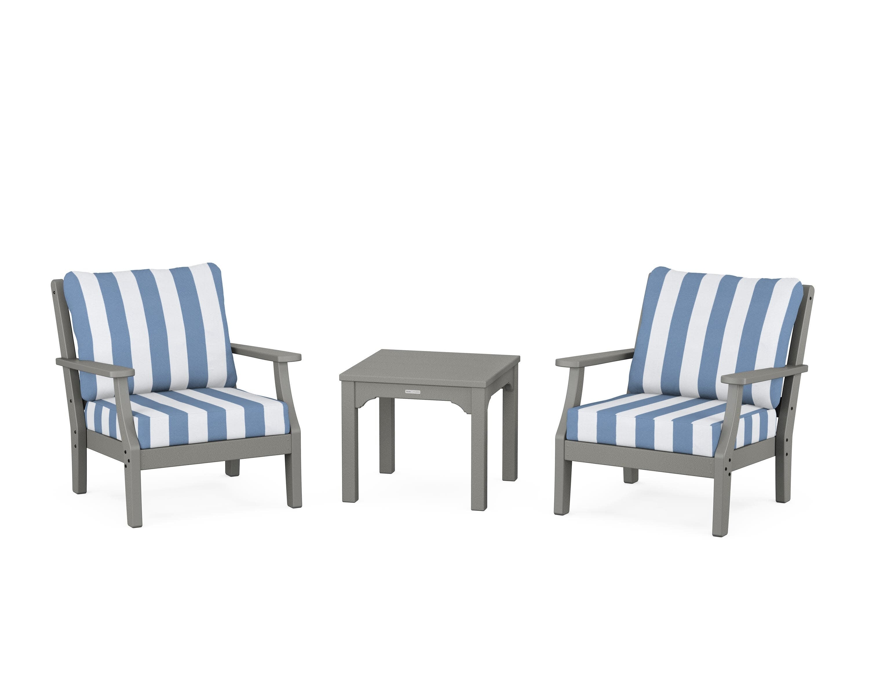 Chinoiserie 3-Piece Deep Seating Set in Slate Grey / Cabana Stripe Sky Blue