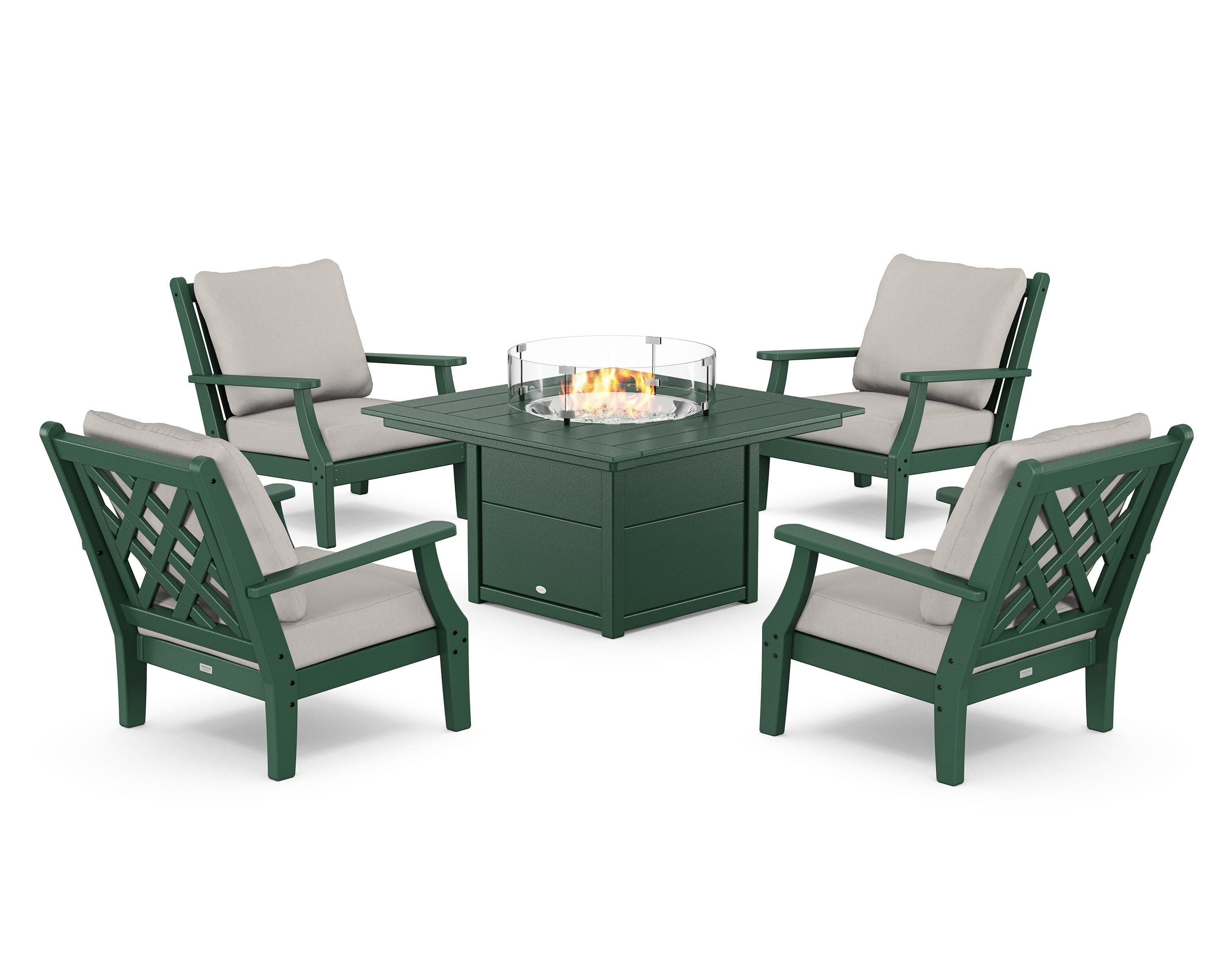 Wovendale 5-Piece Deep Seating Set with Fire Pit Table in Green / Cast Ash