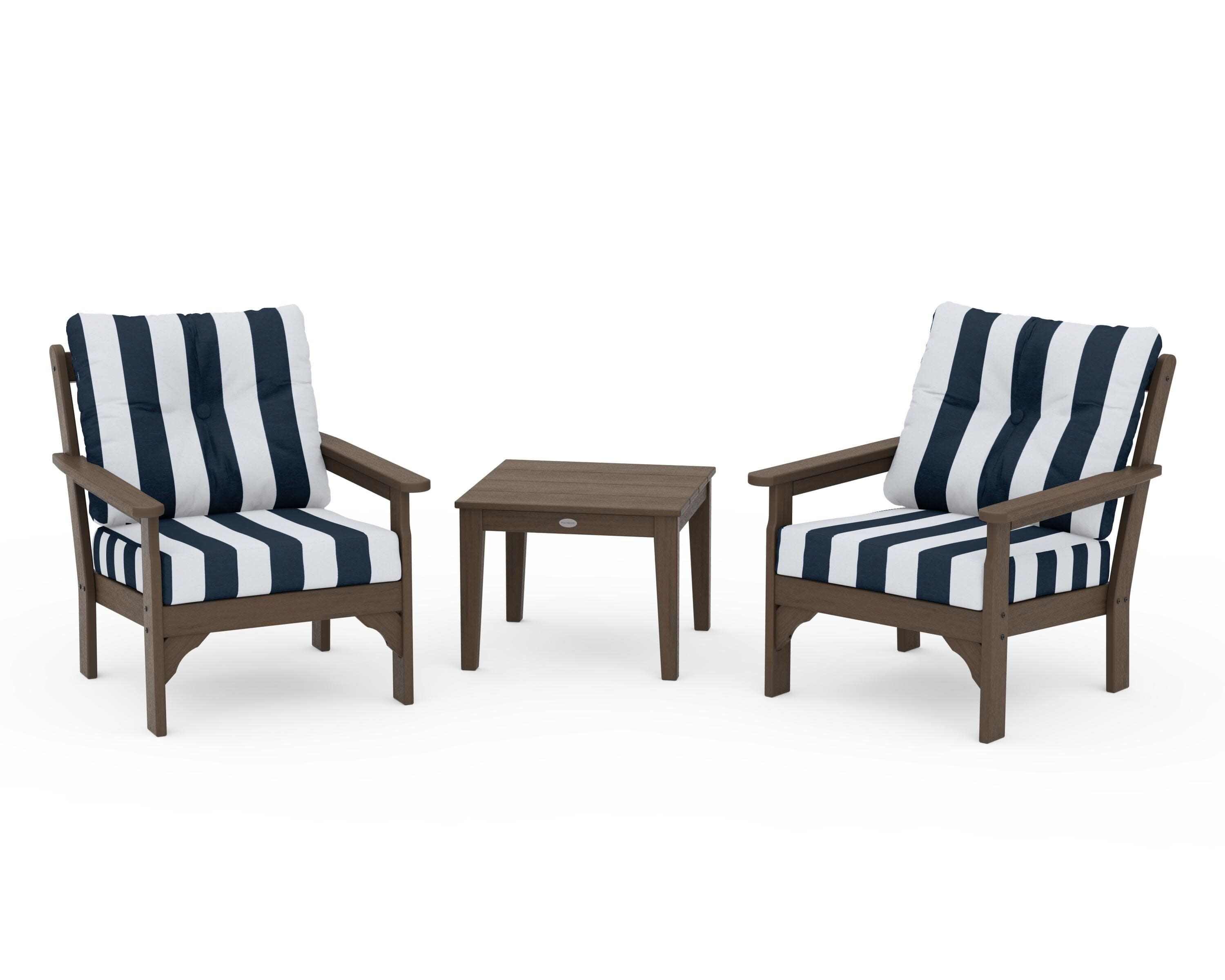 Vineyard 3-Piece Deep Seating Set in Kona / Cabana Stripe Marine Indigo