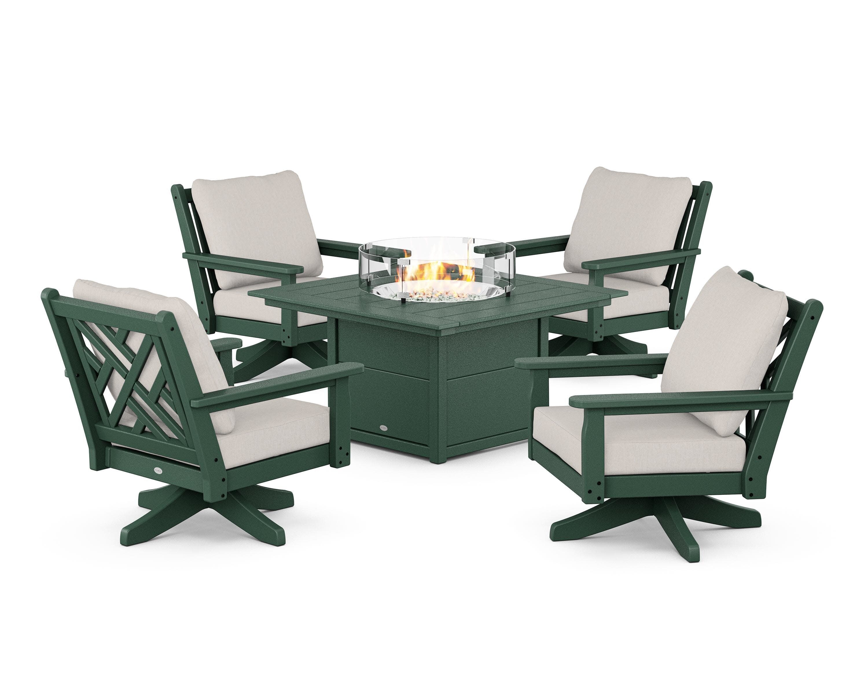 Chippendale 5-Piece Deep Seating Swivel Conversation Set with Fire Pit Table in Green / Cast Ash