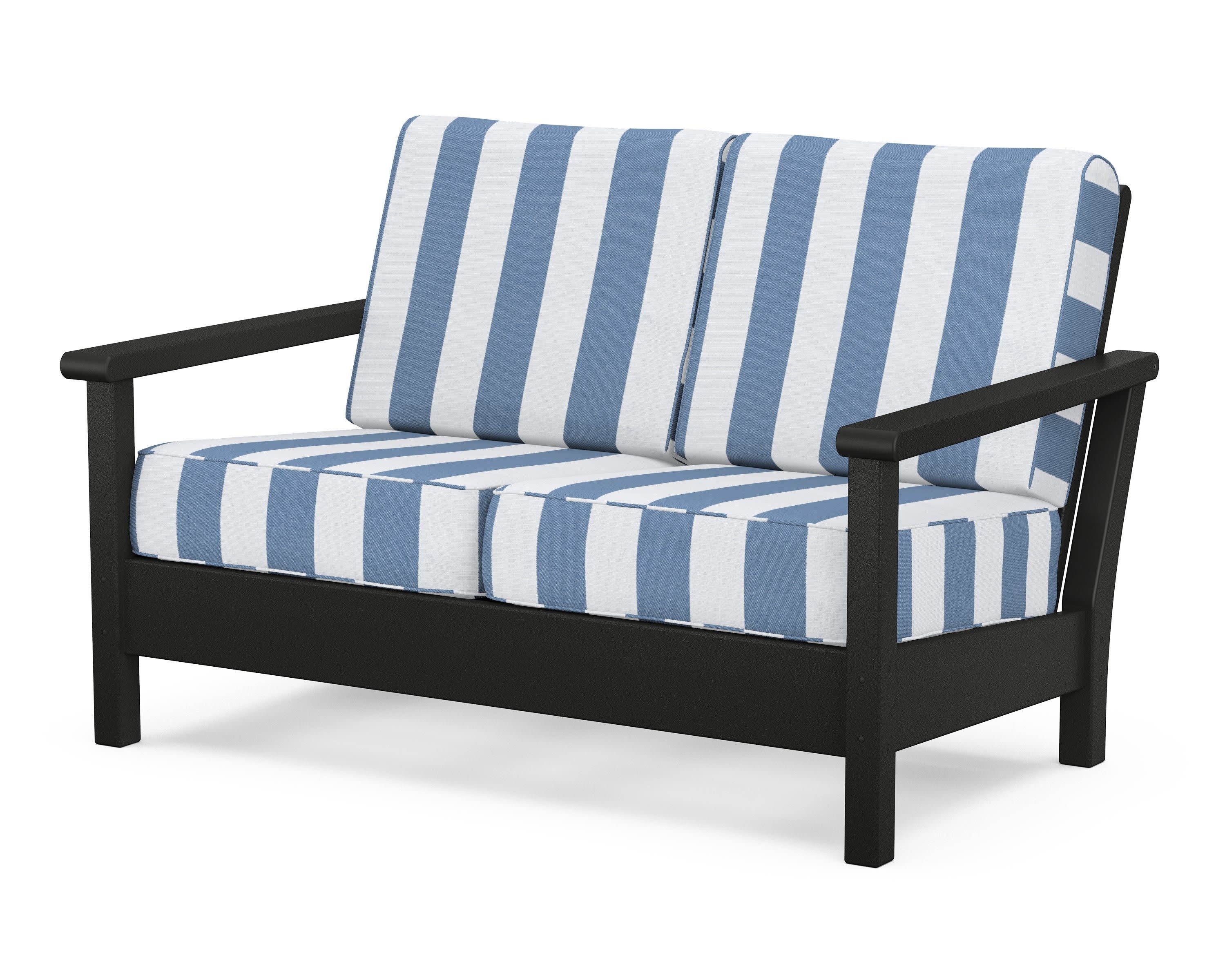 Harbour Deep Seating Loveseat in Black / Cabana Stripe Sky Blue