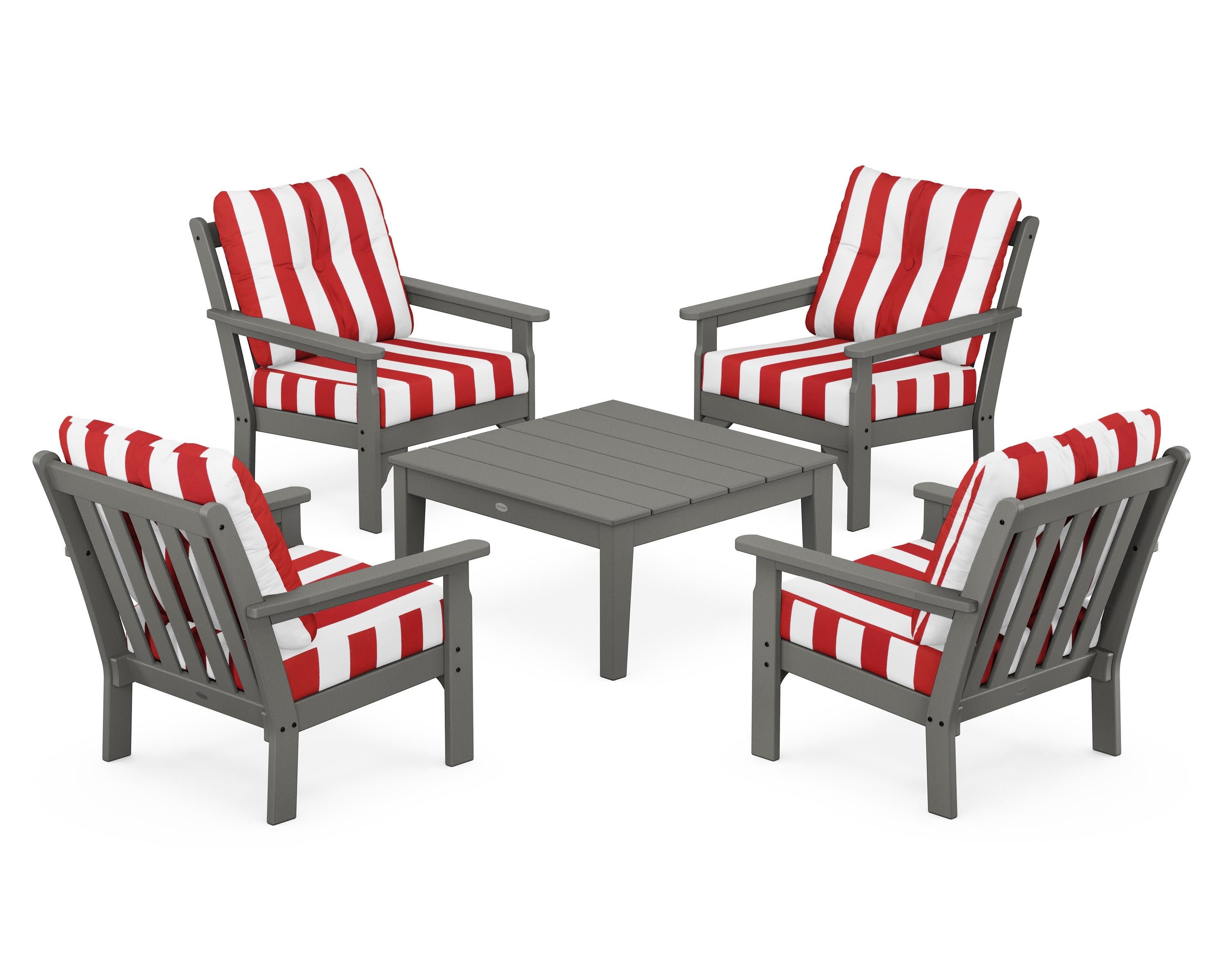 Vineyard 5-Piece Deep Seating Conversation Set in Slate Grey / Cabana Stripe Crimson
