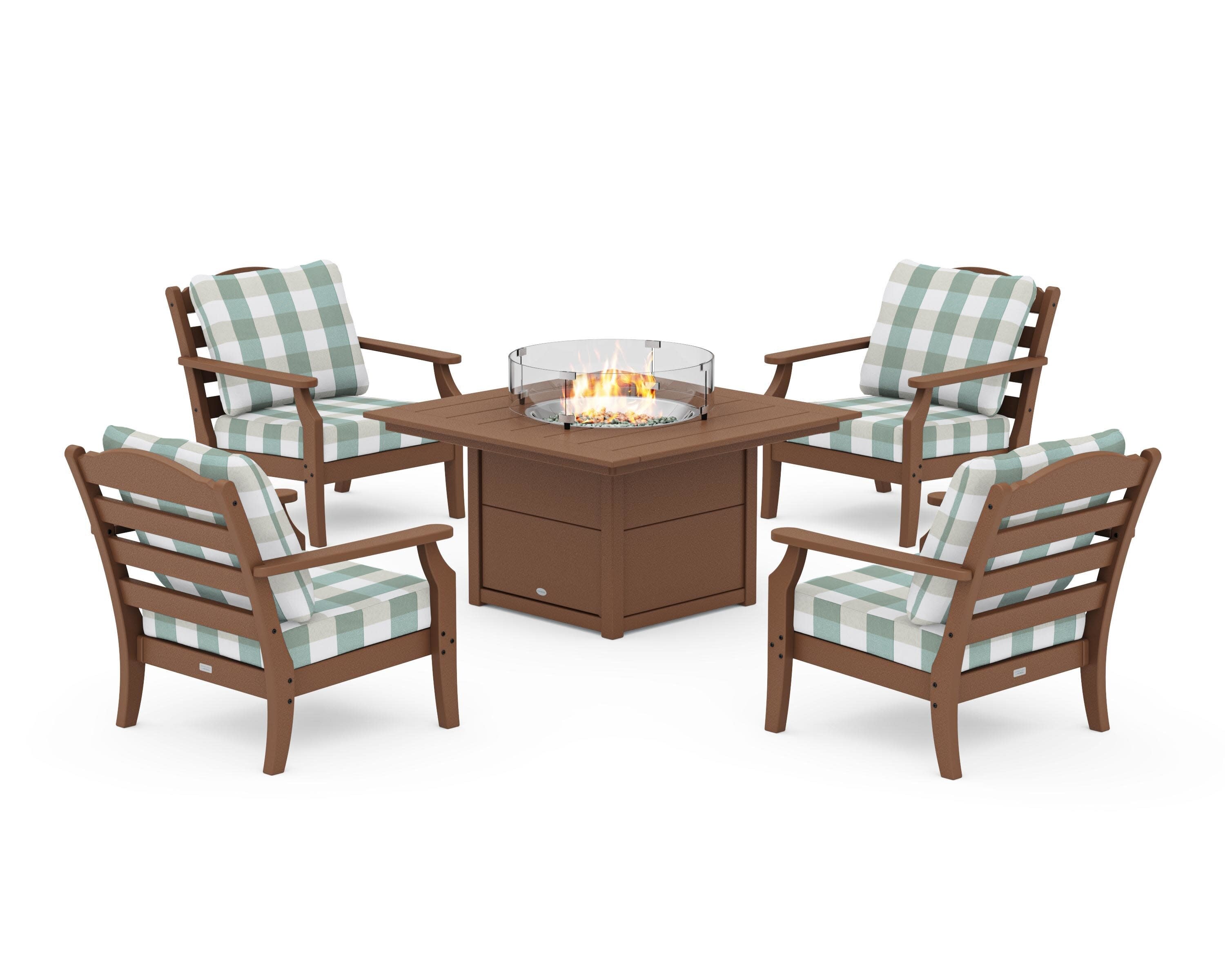Savannah 5-Piece Deep Seating Set with Fire Pit Table in Teak / Buffalo Plaid Glacier Spa