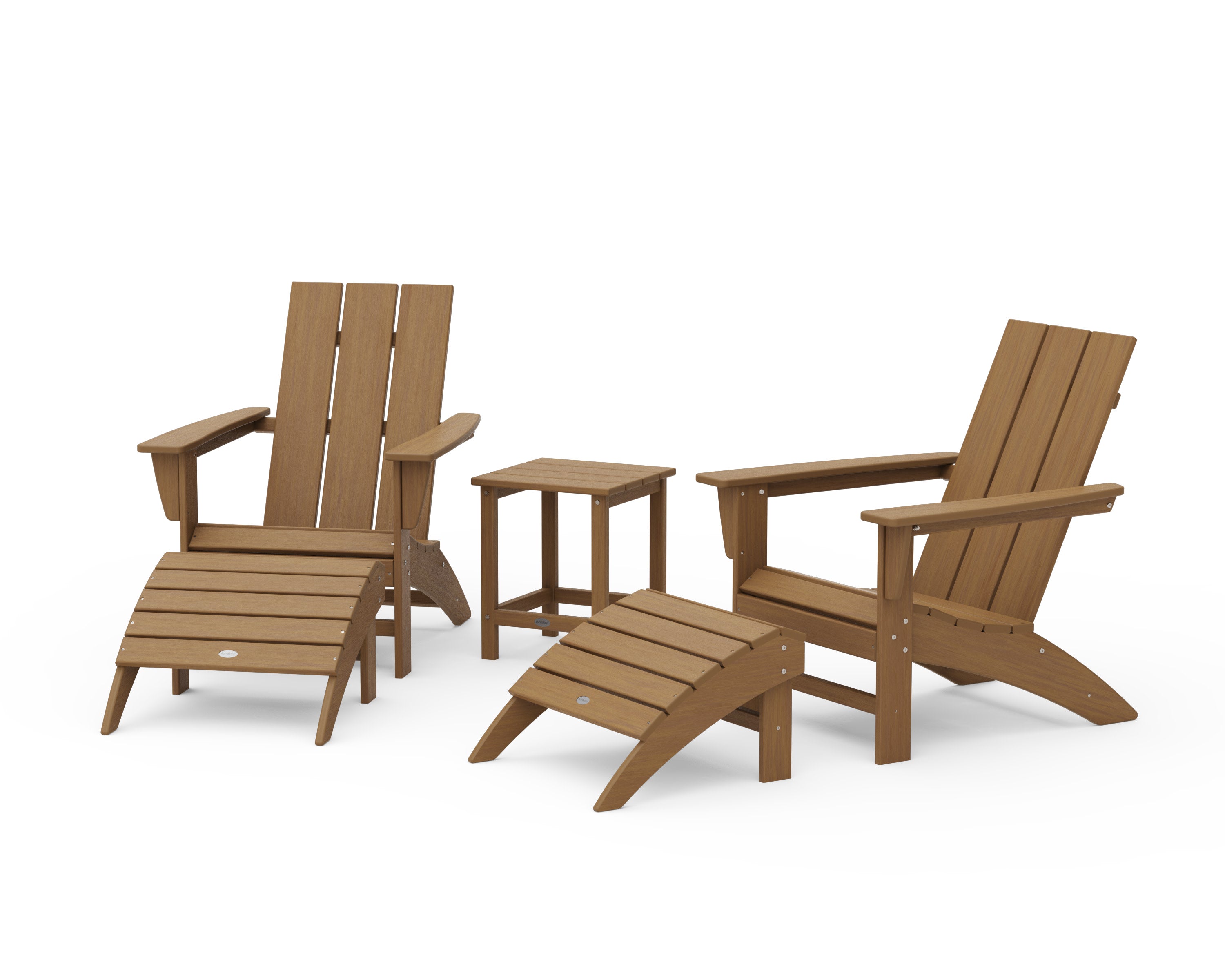Modern Adirondack Chair 5-Piece Set with Ottomans and 18" Side Table in Natural