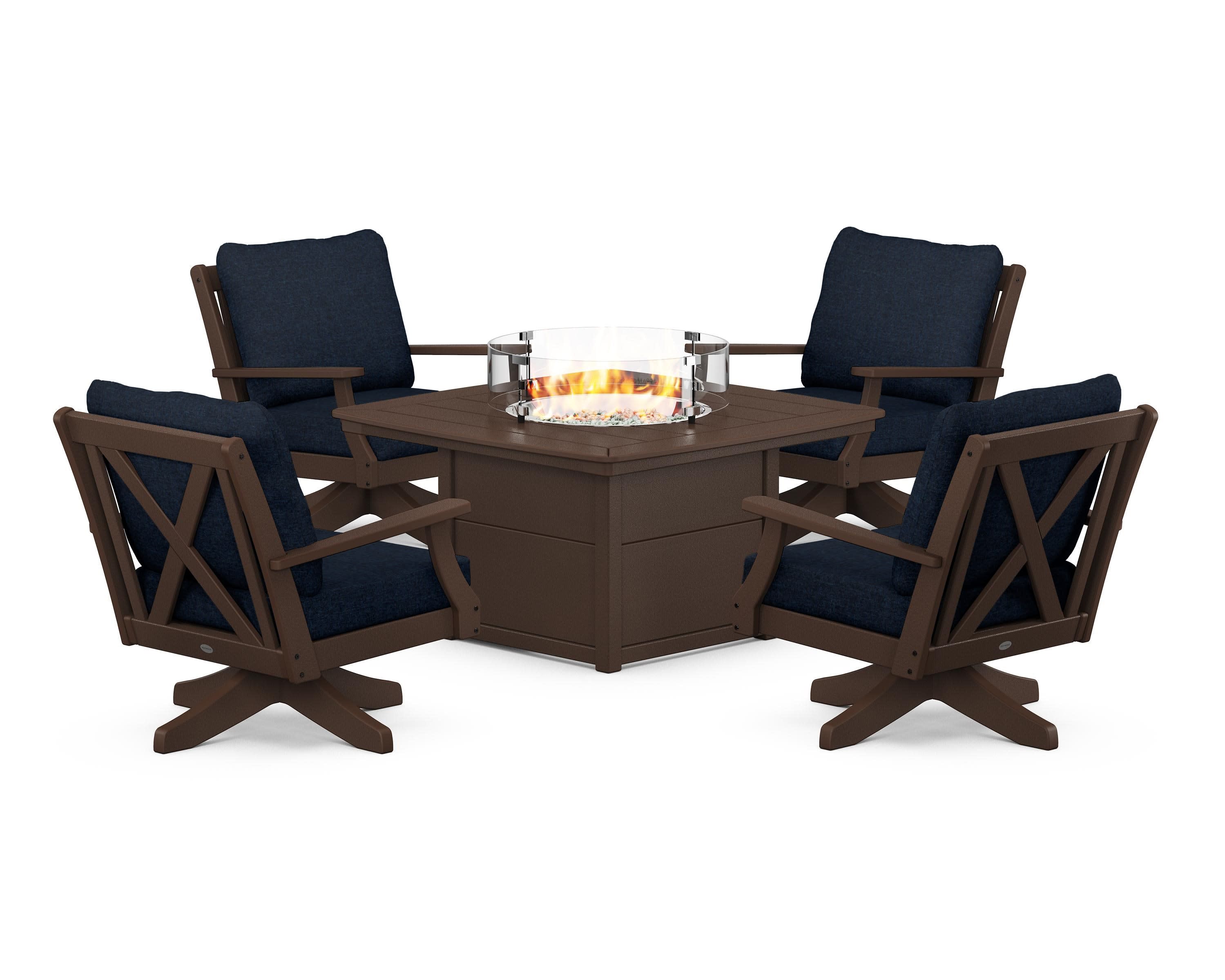 Braxton 5-Piece Deep Seating Swivel Conversation Set with Fire Pit Table in Mahogany / Marine Indigo